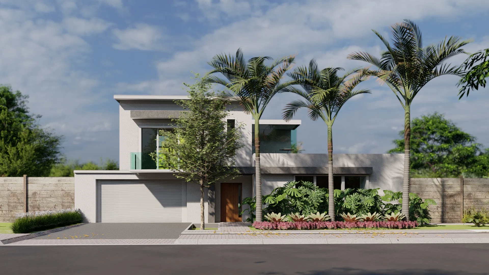 Front facade of a modern house with a garage, palm trees and a flowering tropical bed by the entrance