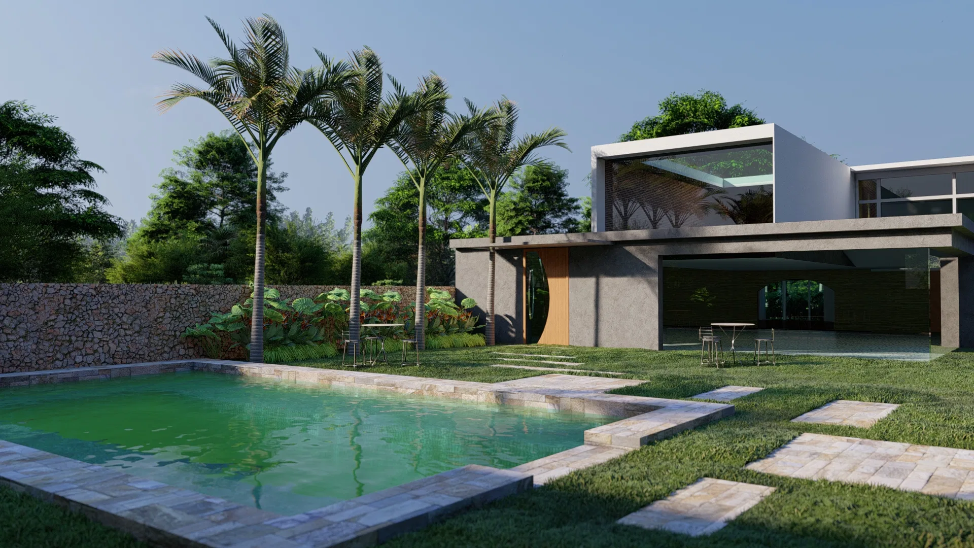 Backyard pool framed by palm trees and a stone wall, with a round golden door and outdoor tables nearby