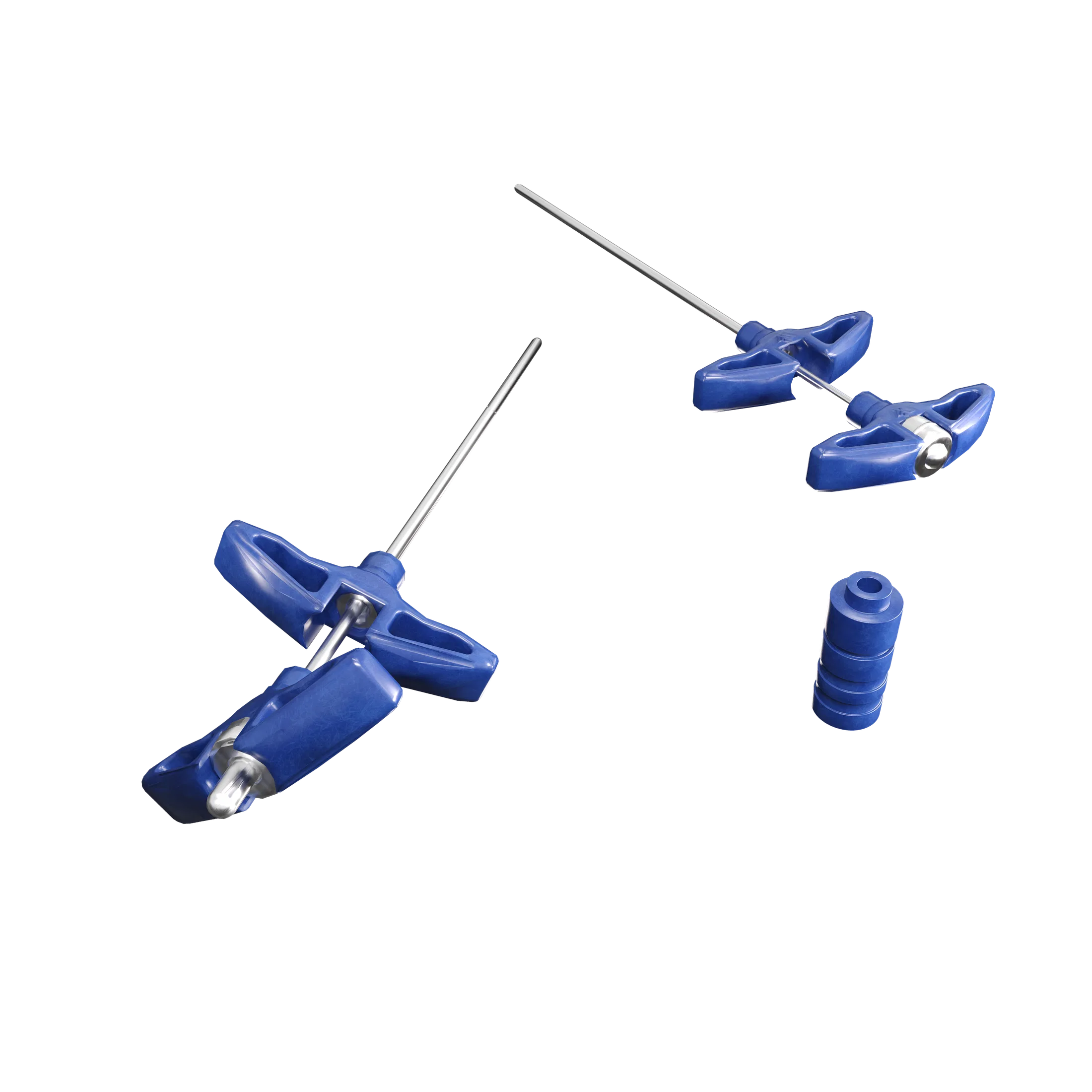 Kit components arranged diagonally against a dark background: two needle devices with T-shaped handles and a small cylindrical component to the right.