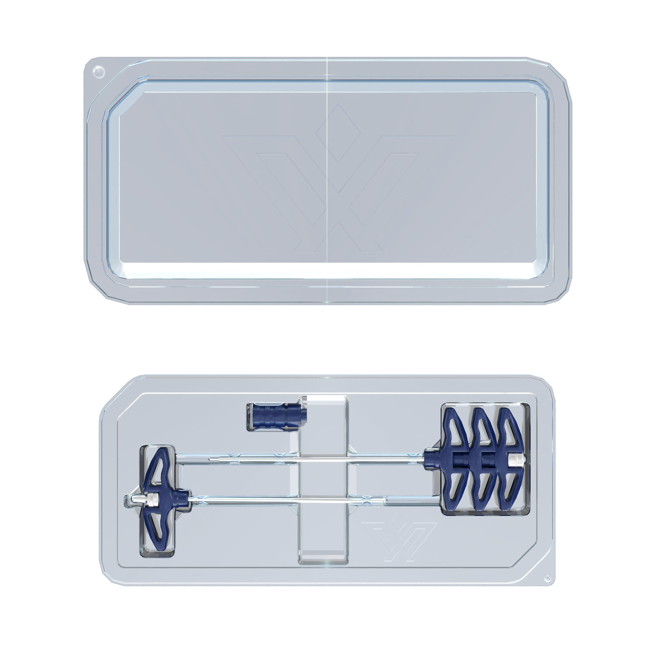Pair of transparent blister packs, one closed above and one open below revealing the needle devices organized inside.