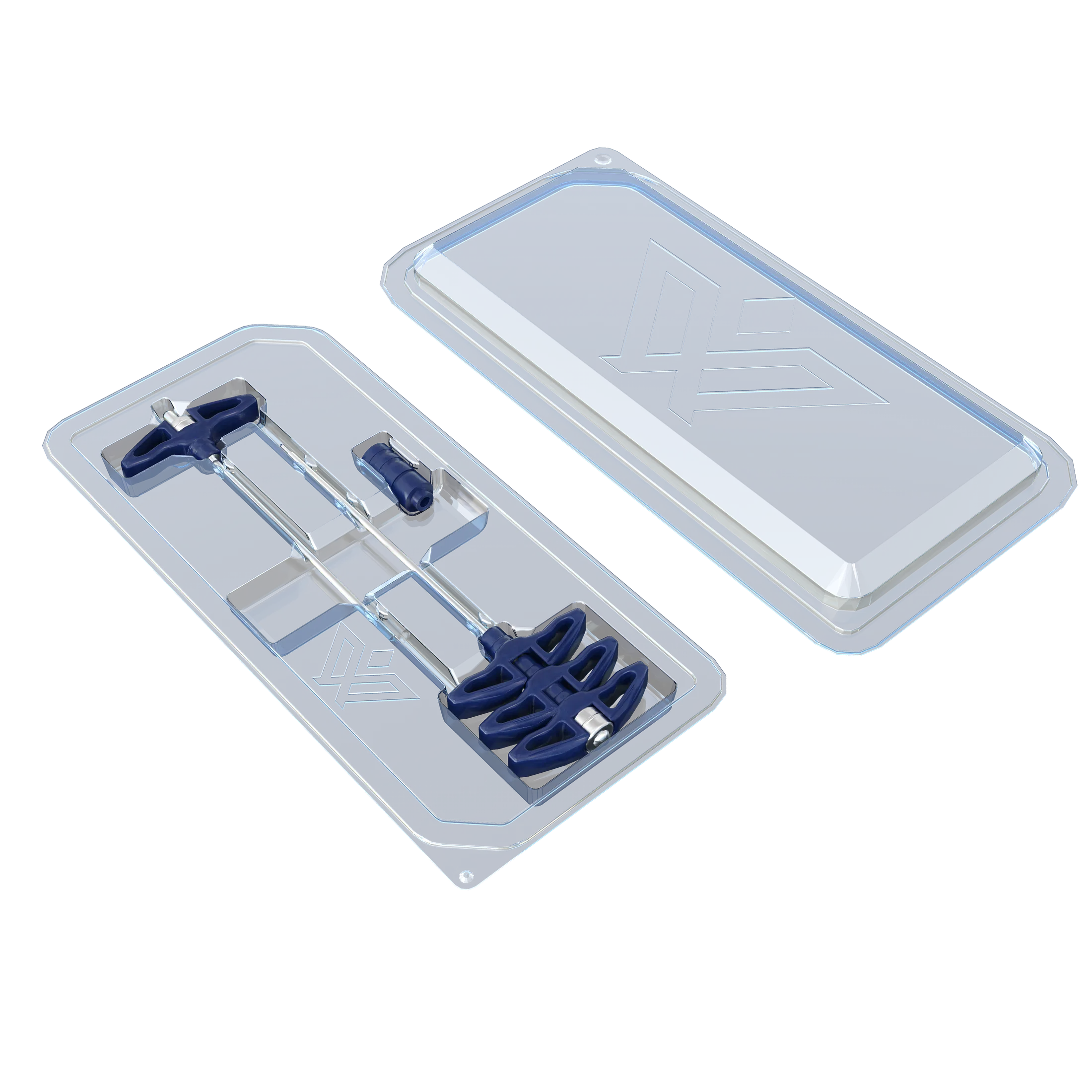 Open transparent blister pack showing two needle devices with a blue T-shaped handle and a cylindrical component, next to the closed lid with an embossed brand mark.