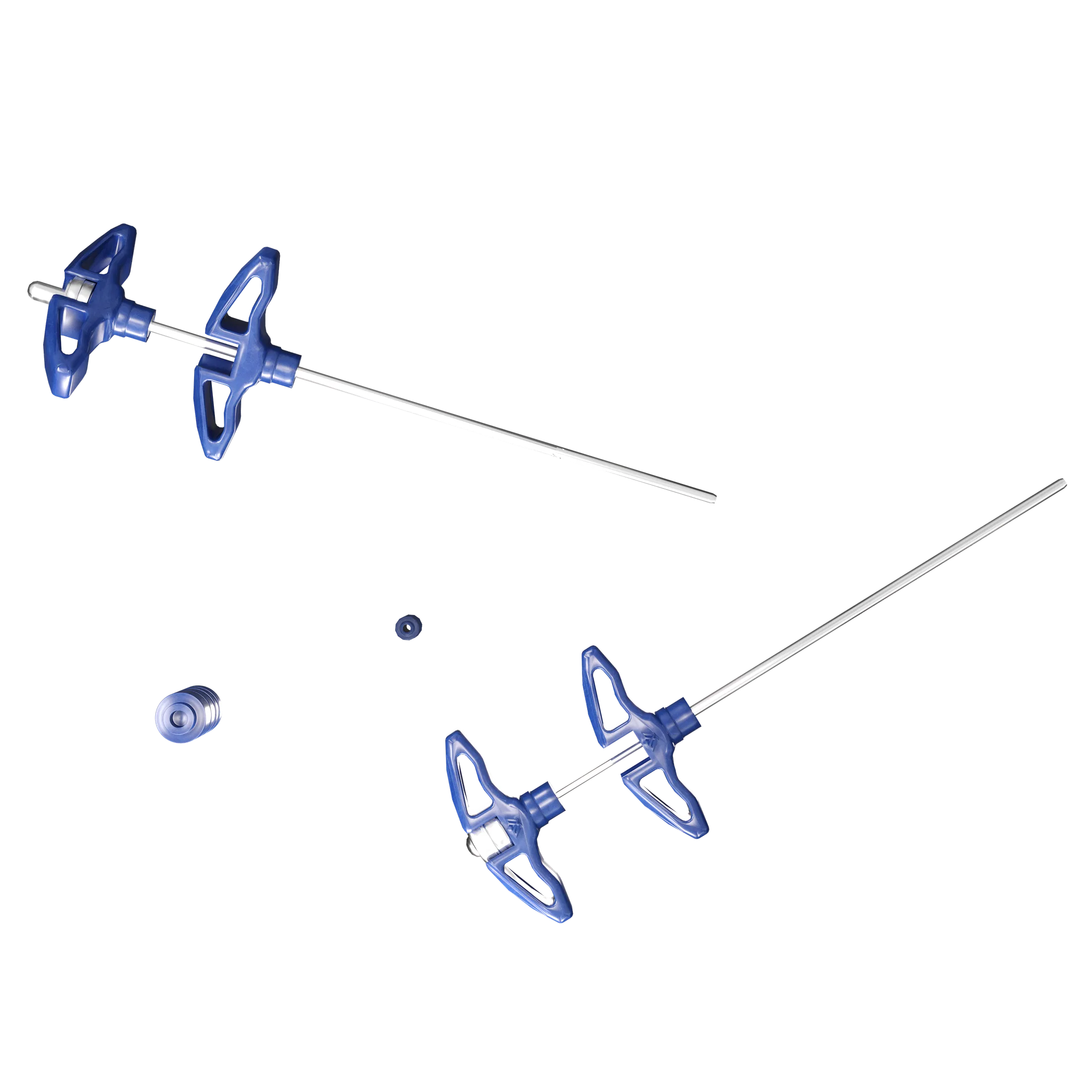 Needle devices with T-shaped handles floating against a dark background at opposing angles, with a small ring and a cylindrical component to the left.