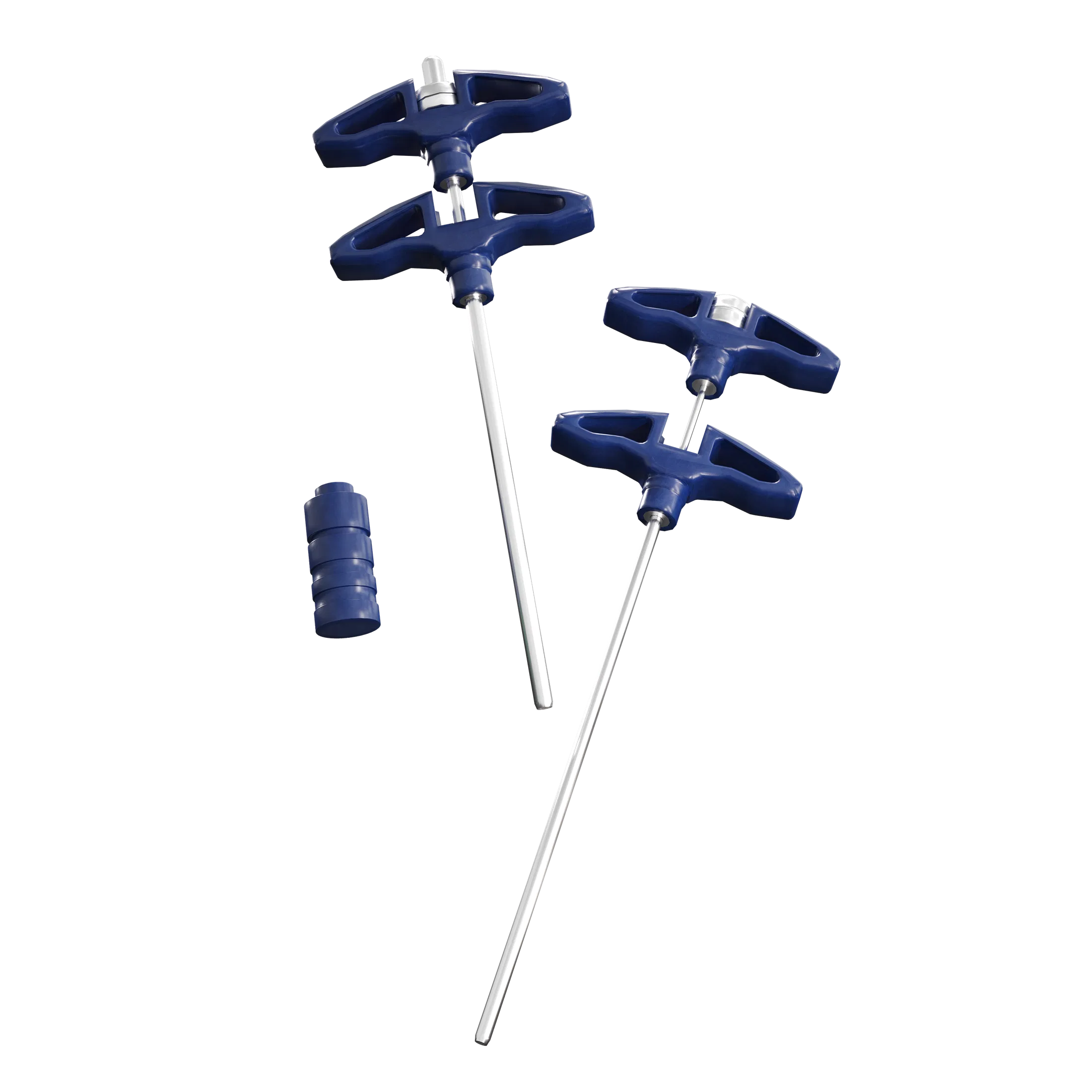 Two needle devices with blue T-shaped handles arranged side by side against a dark background, with a smaller cylindrical component to the left.