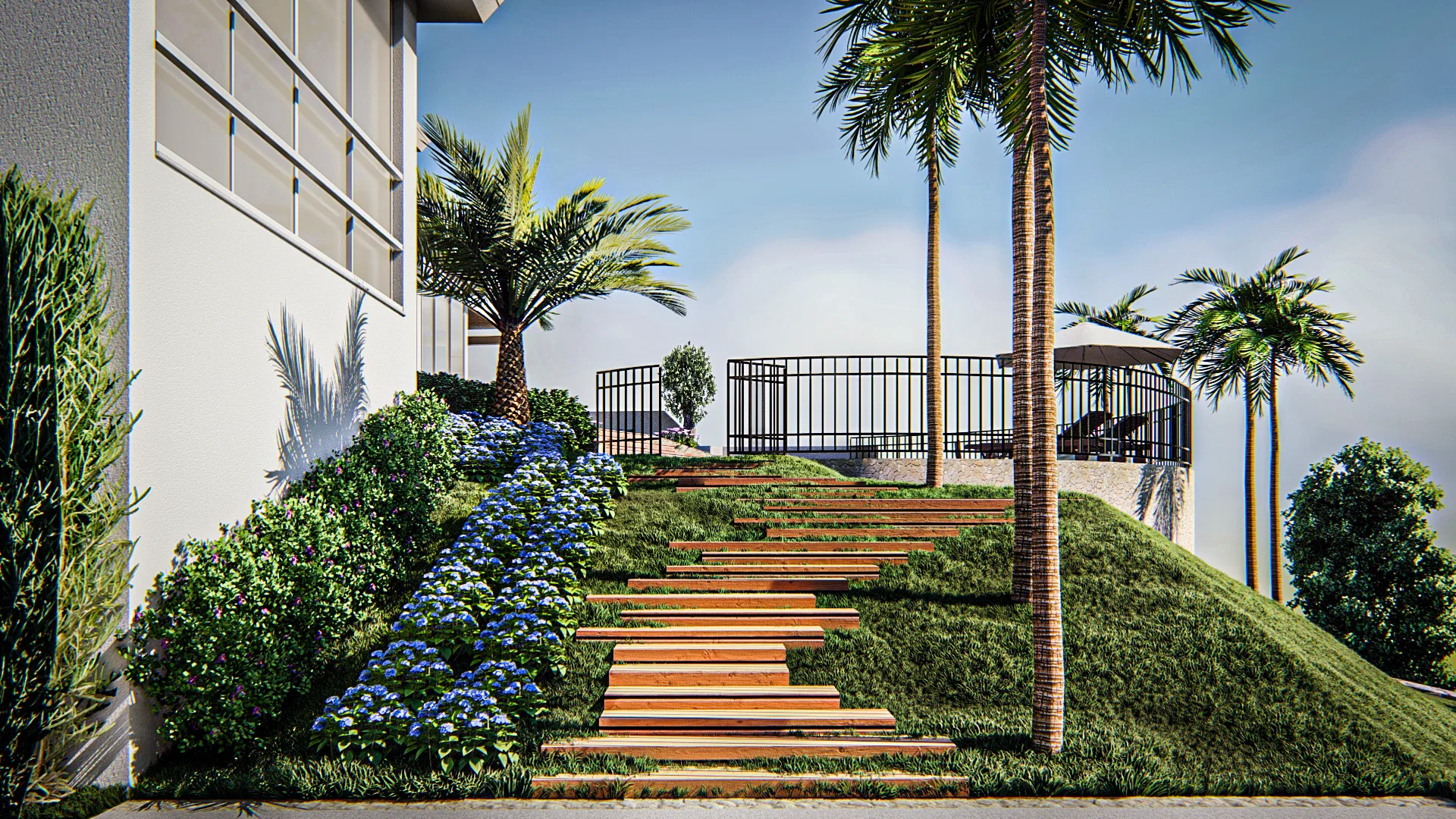Timber-sleeper stairway over a grassed slope, edged with blue hydrangeas, tall palms and a railed overlook at the top.