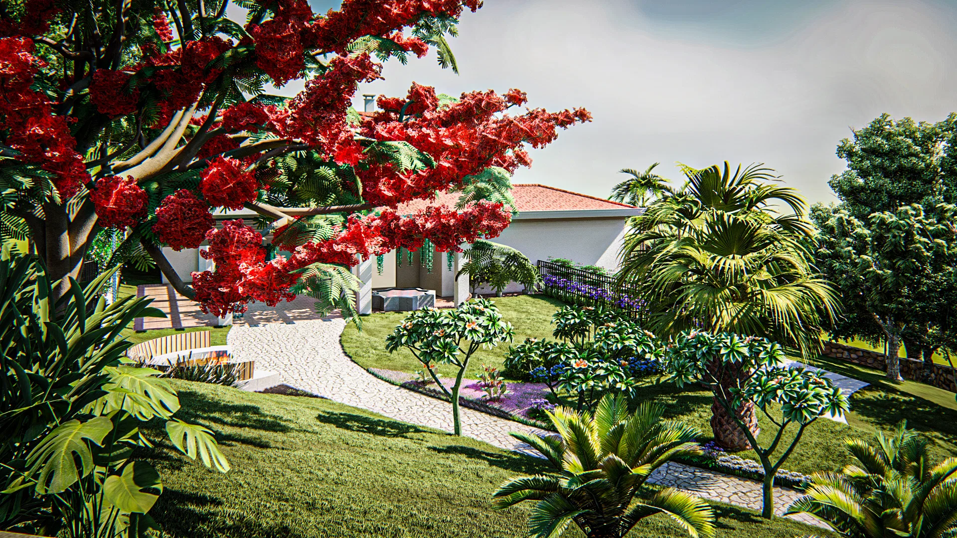 Tropical garden with a flamboyant in full red bloom, a winding stone path and layered planting before the pale residence.