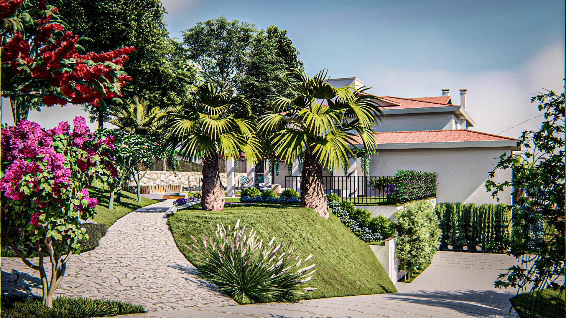 Pale stone path beneath two fan palms, flanked by magenta bougainvillea and a red flamboyant, the tile-roofed house beyond.