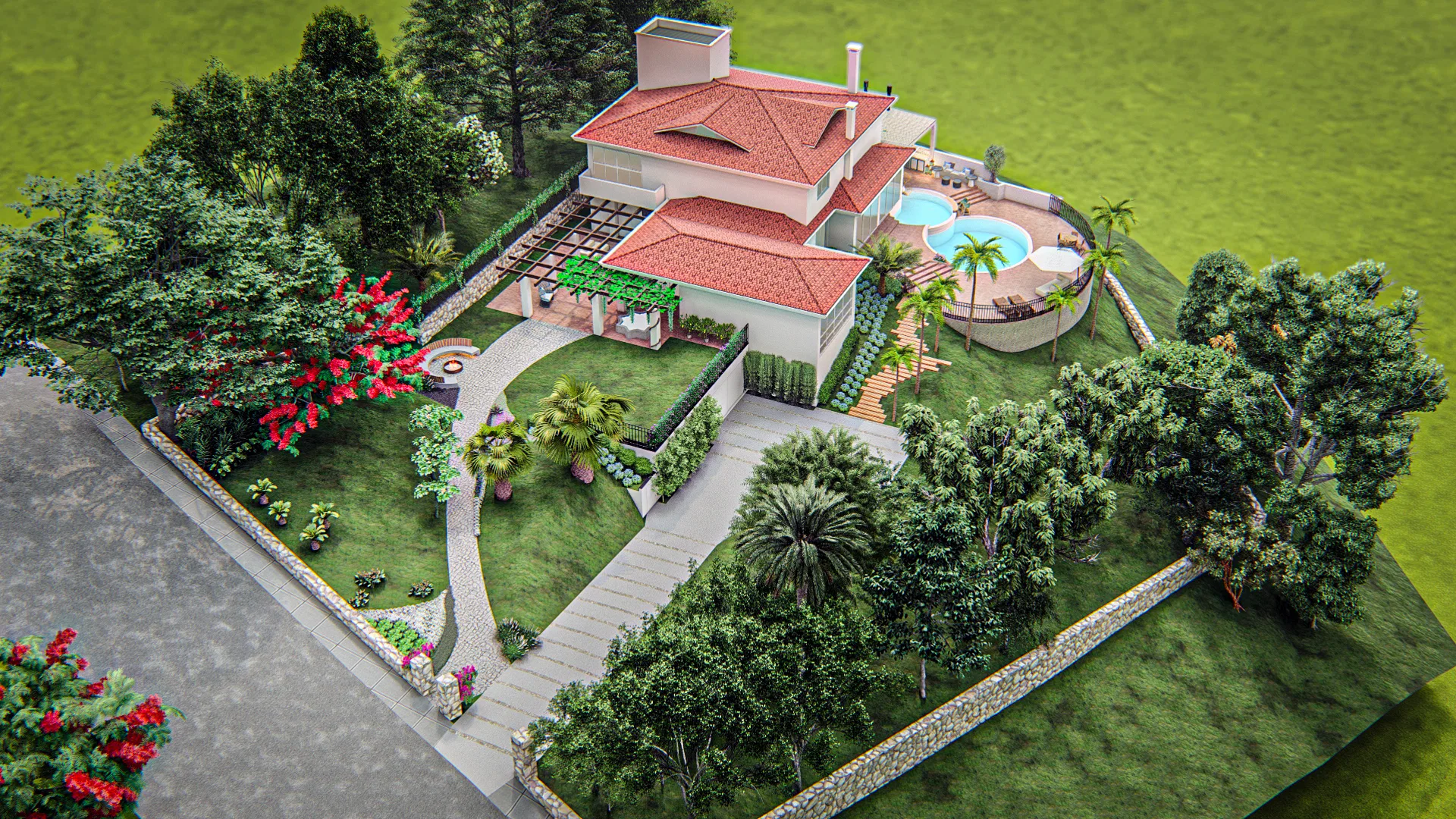 Aerial view of the property, showing a tile-roofed house, pool and hot tub, pergola, lawns and a red flowering flamboyant among the beds.