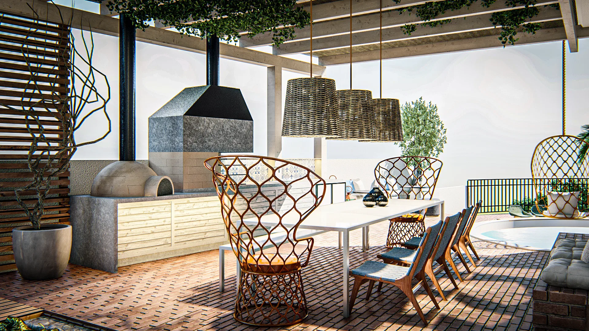 Outdoor kitchen under the pergola, with a wood-fired pizza oven, a white table, woven-fibre chairs and wicker pendant lamps.