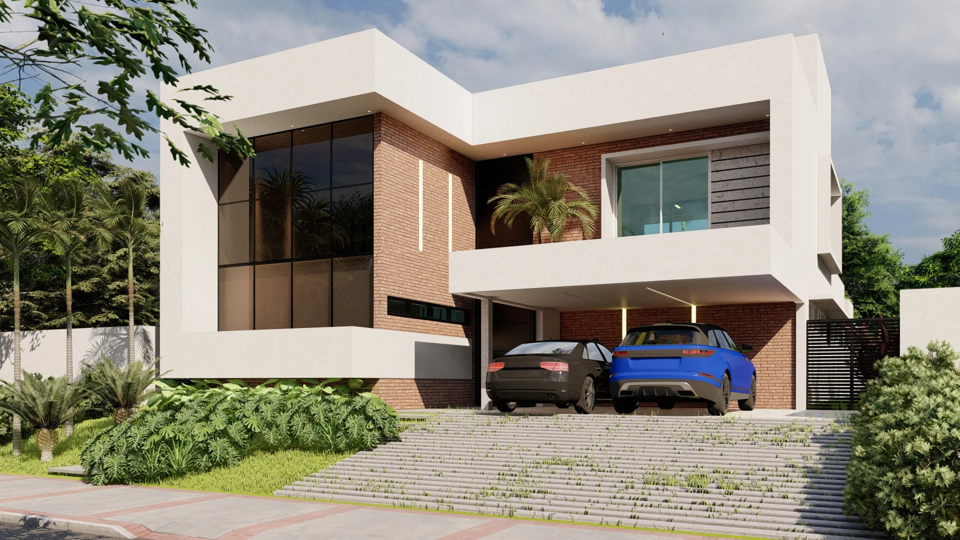 Three-quarter view of the same house, with cantilevered white volumes, a brick wall and a glass corner, palms and dense planting beside the paved approach
