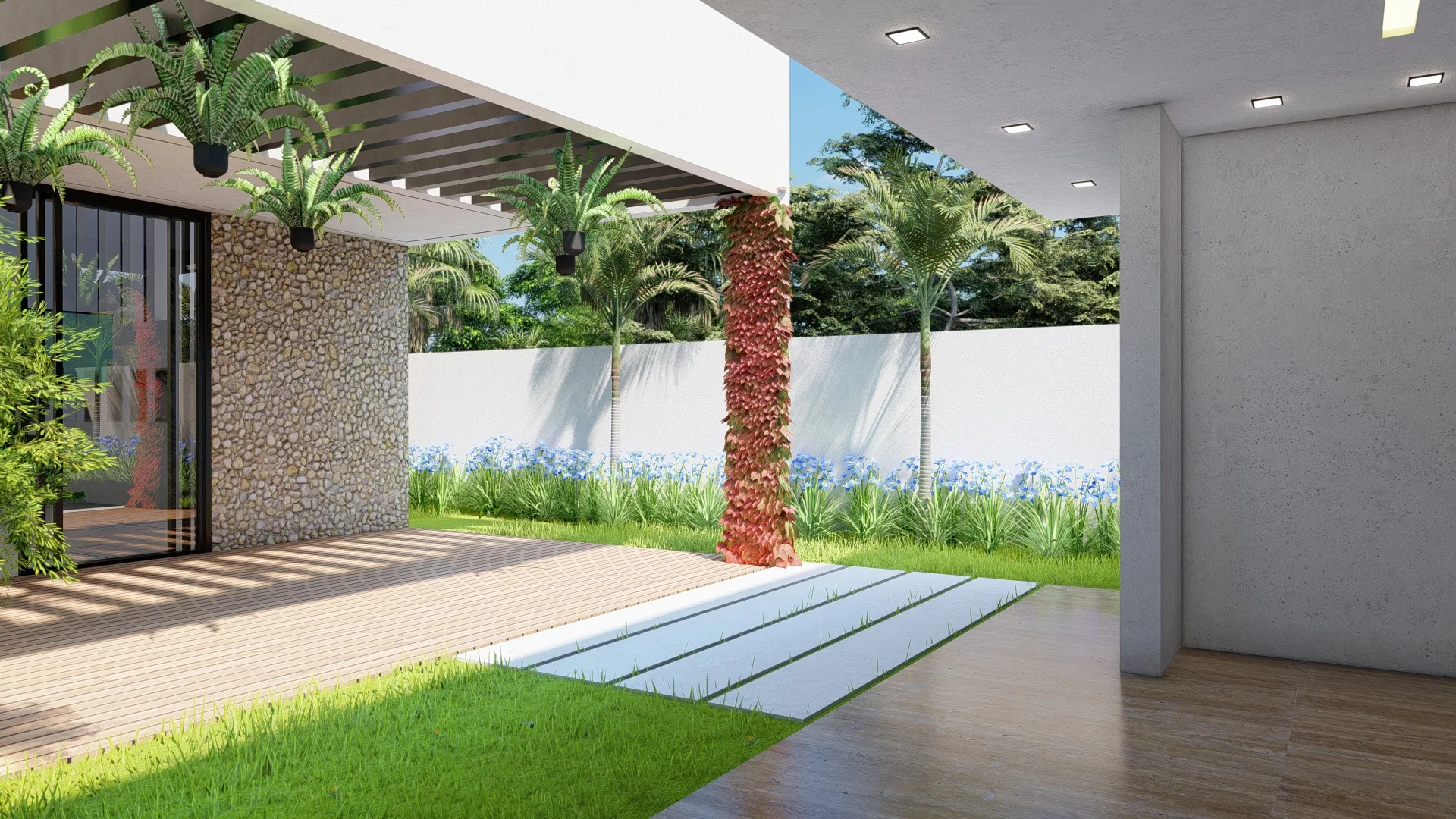 Leisure area under a pergola, with a stone column, potted ferns, a lawn with stepping pavers and a bed of blue flowers along the wall