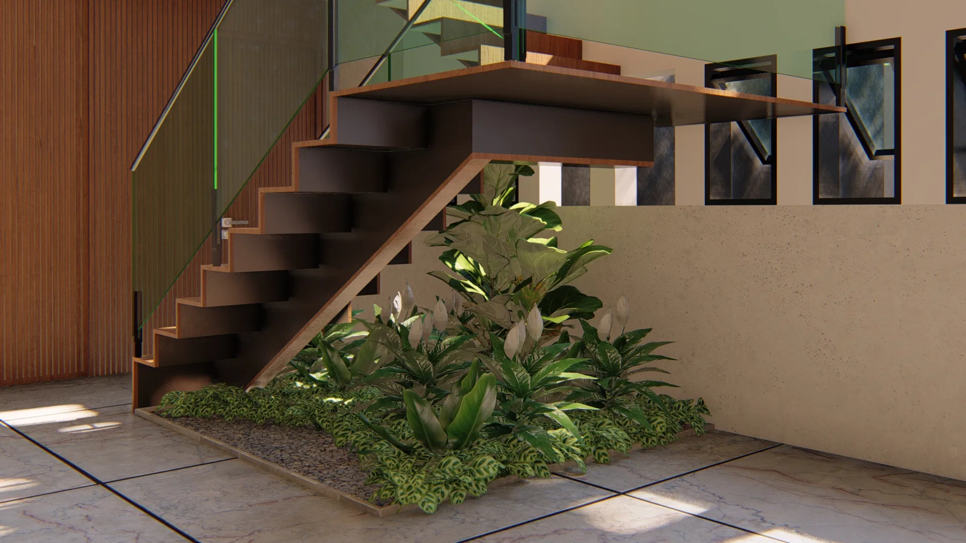 Interior staircase with timber treads and a glass balustrade, and beneath it a planted niche of anthuriums and foliage over gravel