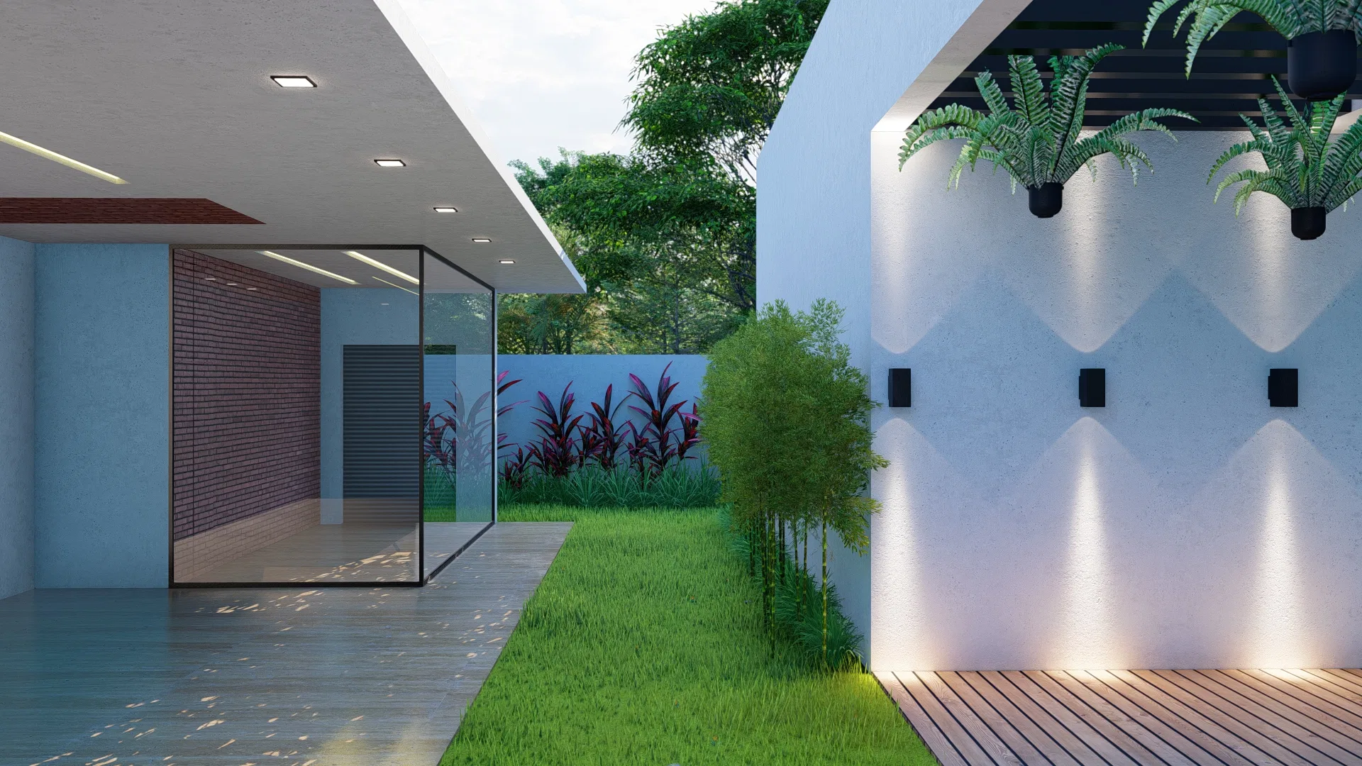 Gourmet area at nightfall, with a lit pale wall, hanging ferns, a timber deck and a bed of red foliage beside the wall