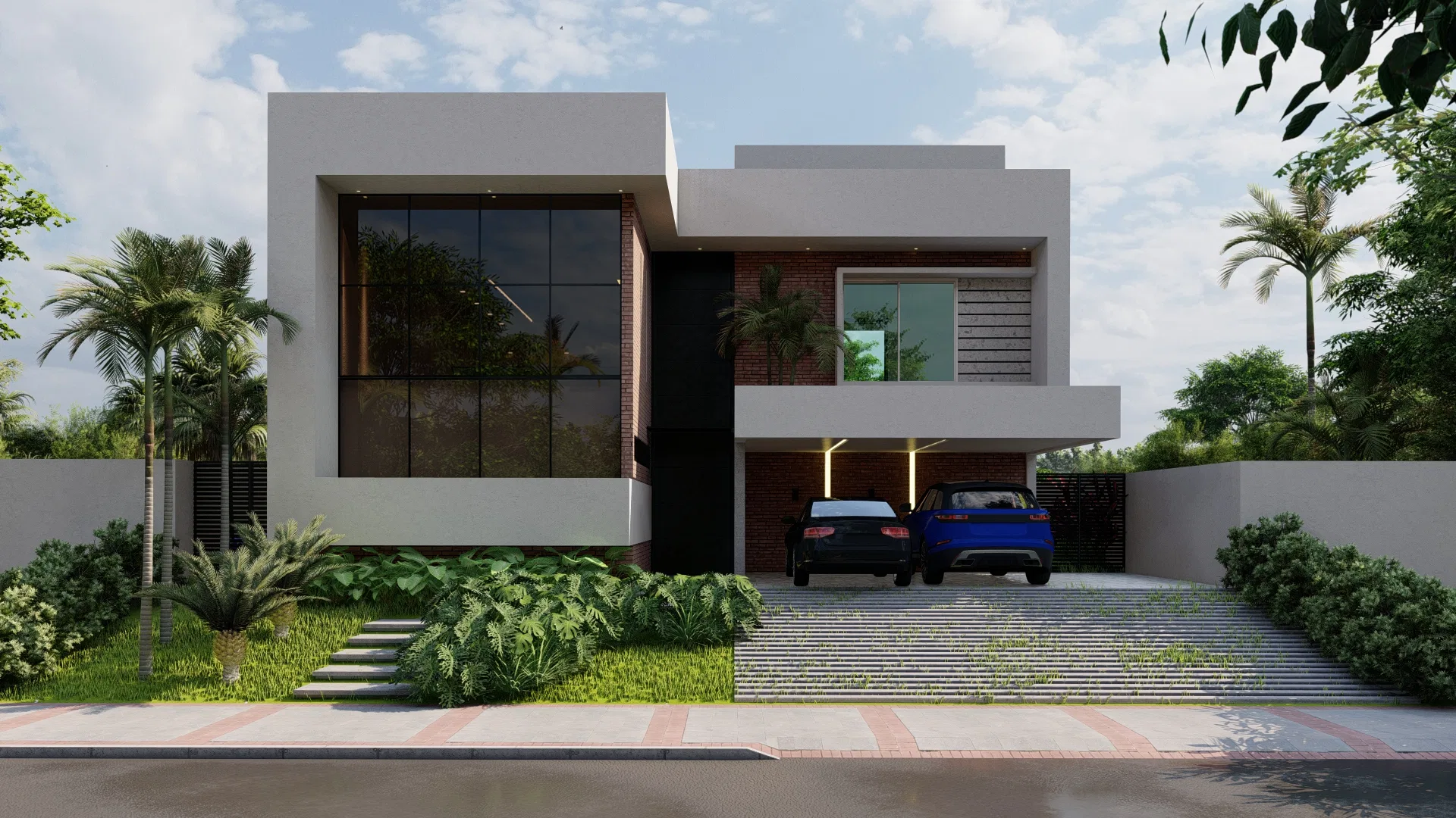 Façade of a two-storey contemporary house, with white volumes, brick cladding and large dark glazing, two cars in the carport and tropical beds at the entrance