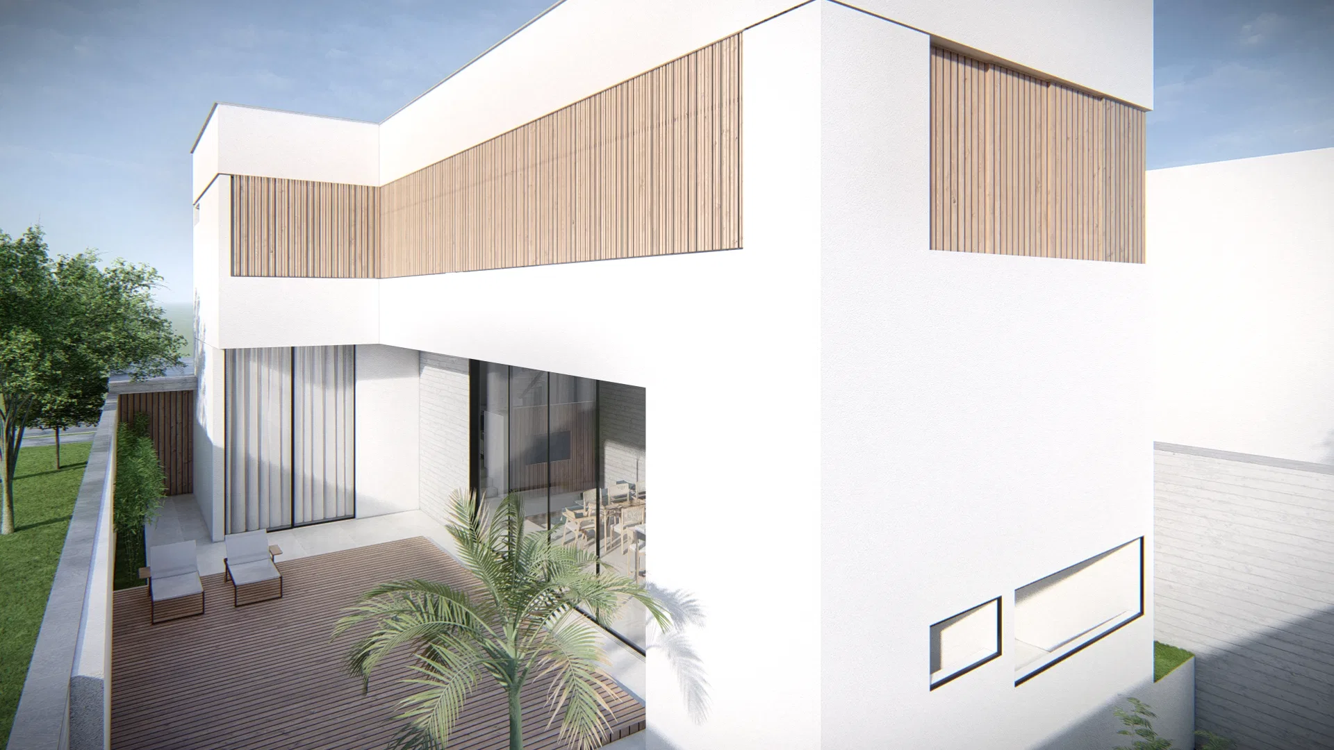Angled view of the upper volume with wood slats, a terrace with lounge furniture visible through the glass and a ground-level deck