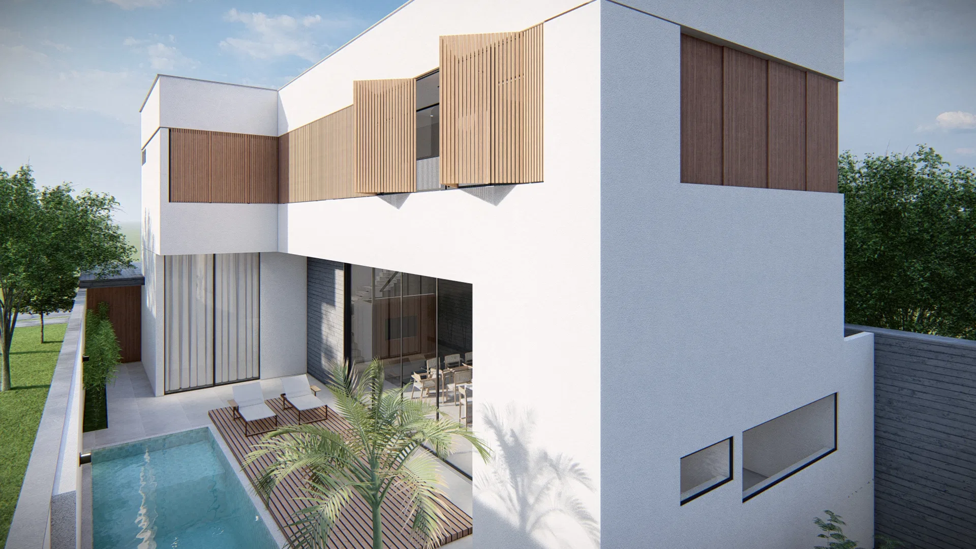 Closer angled facade, with wood-slat panels of varying heights, glass doors to the living room and the pool edge in the foreground
