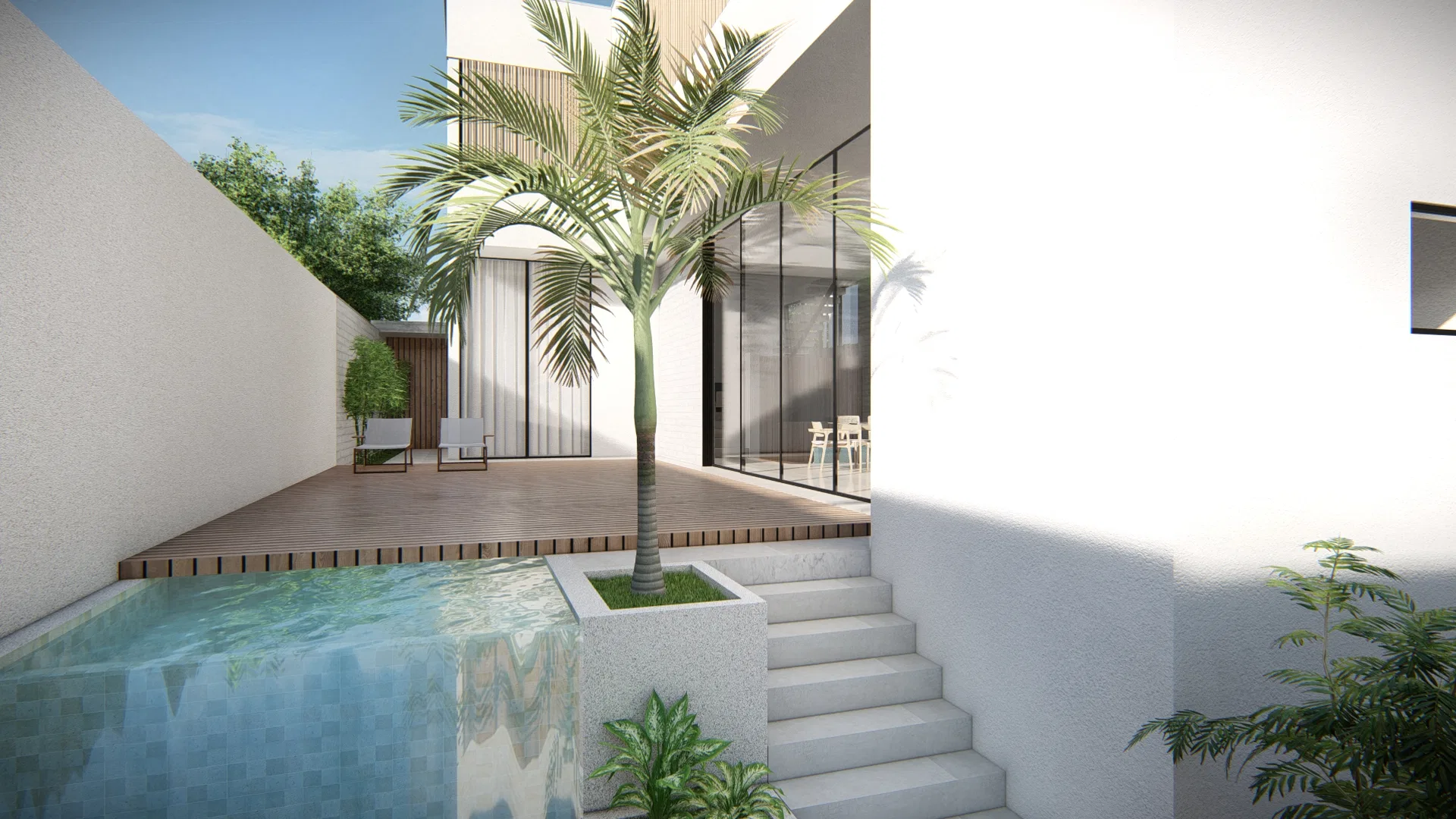 Wood deck beside the pool, with a centered palm tree, glass doors to the social area and stairs leading to the upper floor