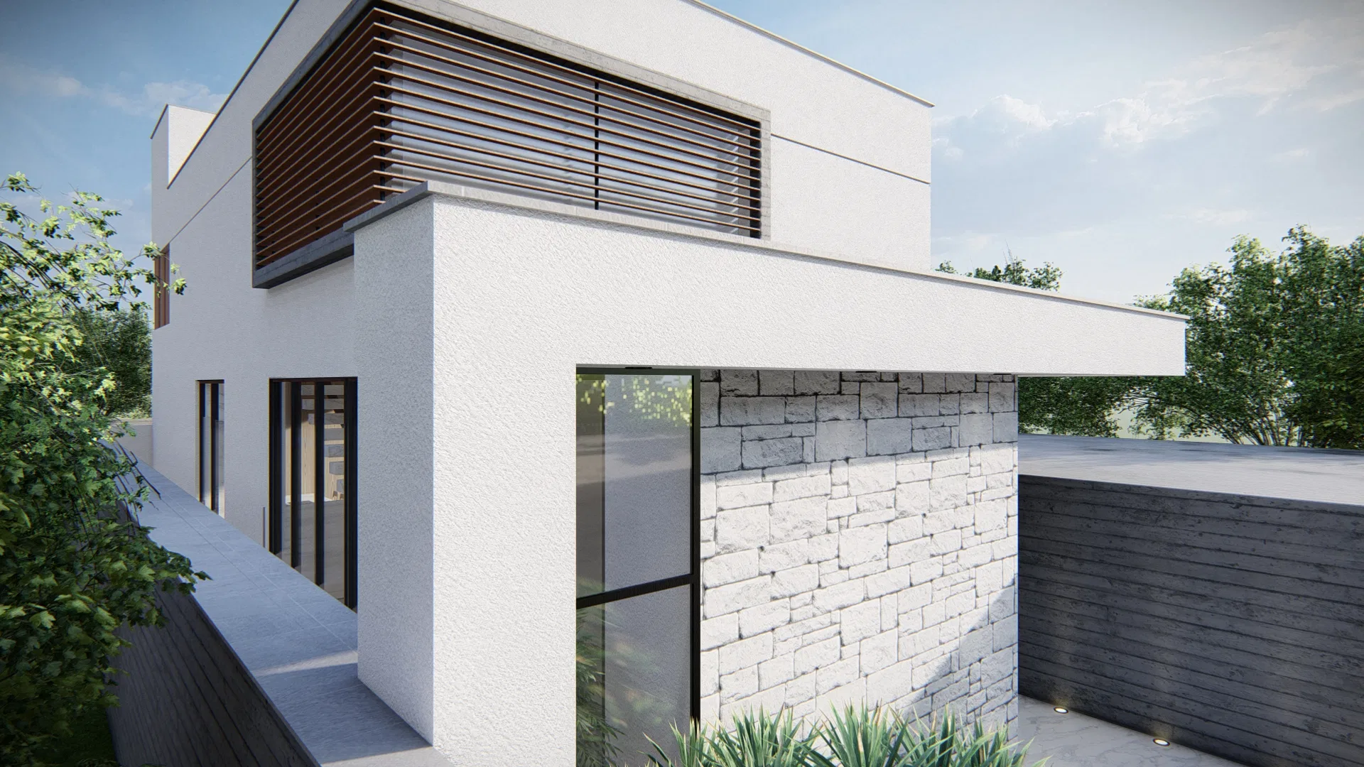 Corner view with light stone cladding on the ground floor and a dark wood-slat upper volume, black-framed window openings