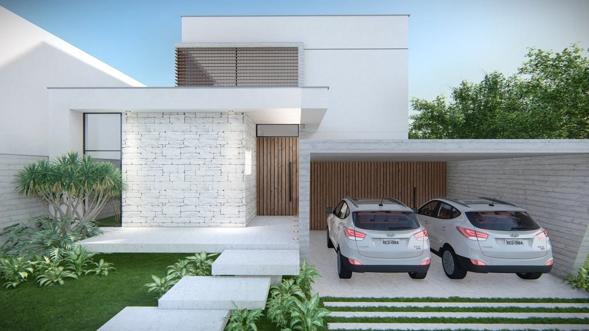 Front facade with light stone cladding, a wood entrance door and two cars parked under a wood-slat carport roof