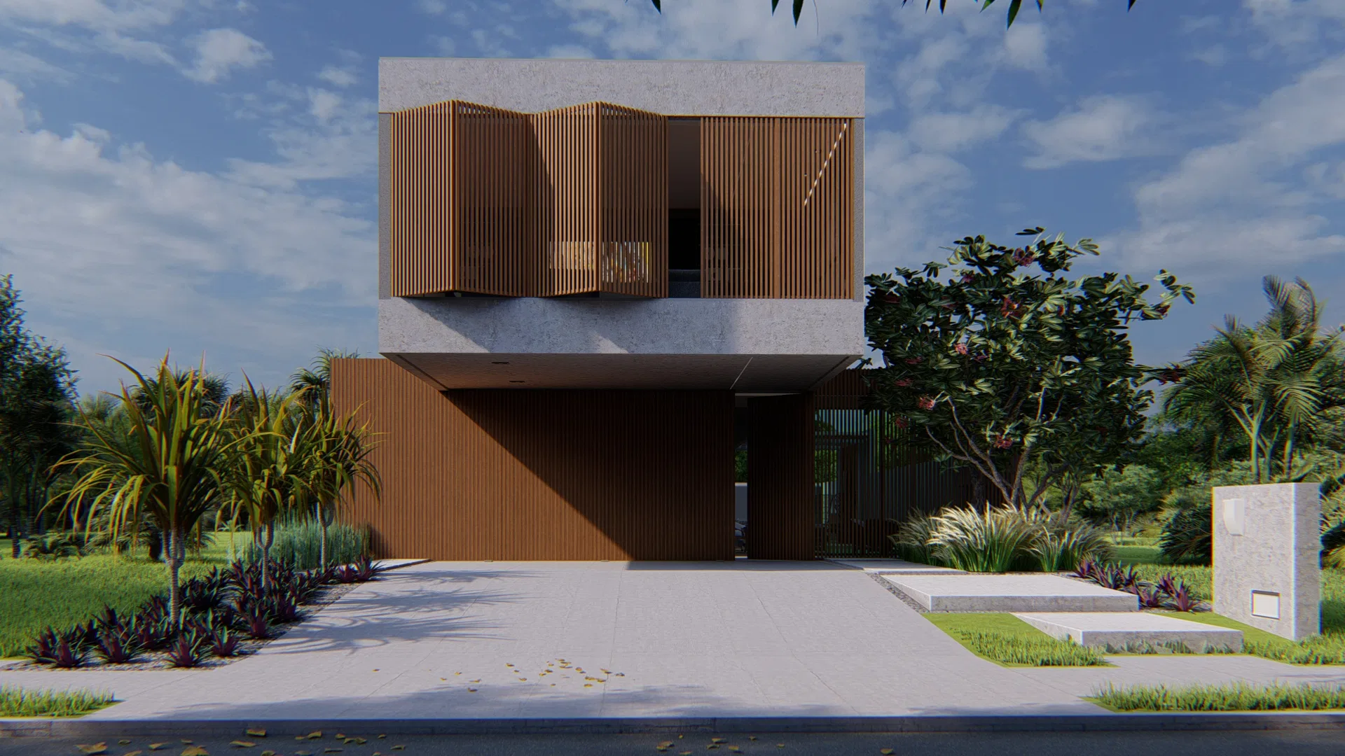 Architectural visualization of Residence with Movable Timber Brises, Stone Portal and Succulent Garden — GRON 3D