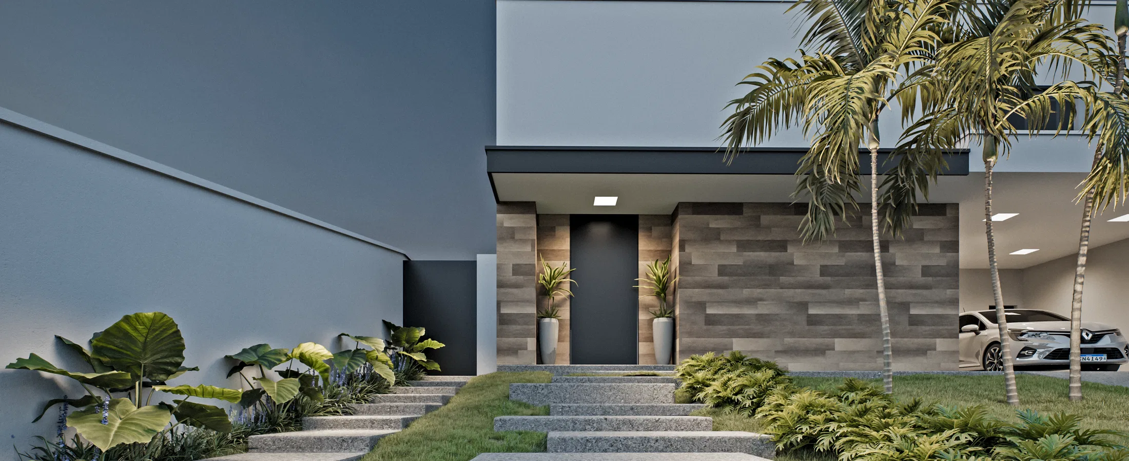 Angled view of the entrance with a stone stair, pots by the door, alocasias on the left, palms on the right and a covered carport behind.