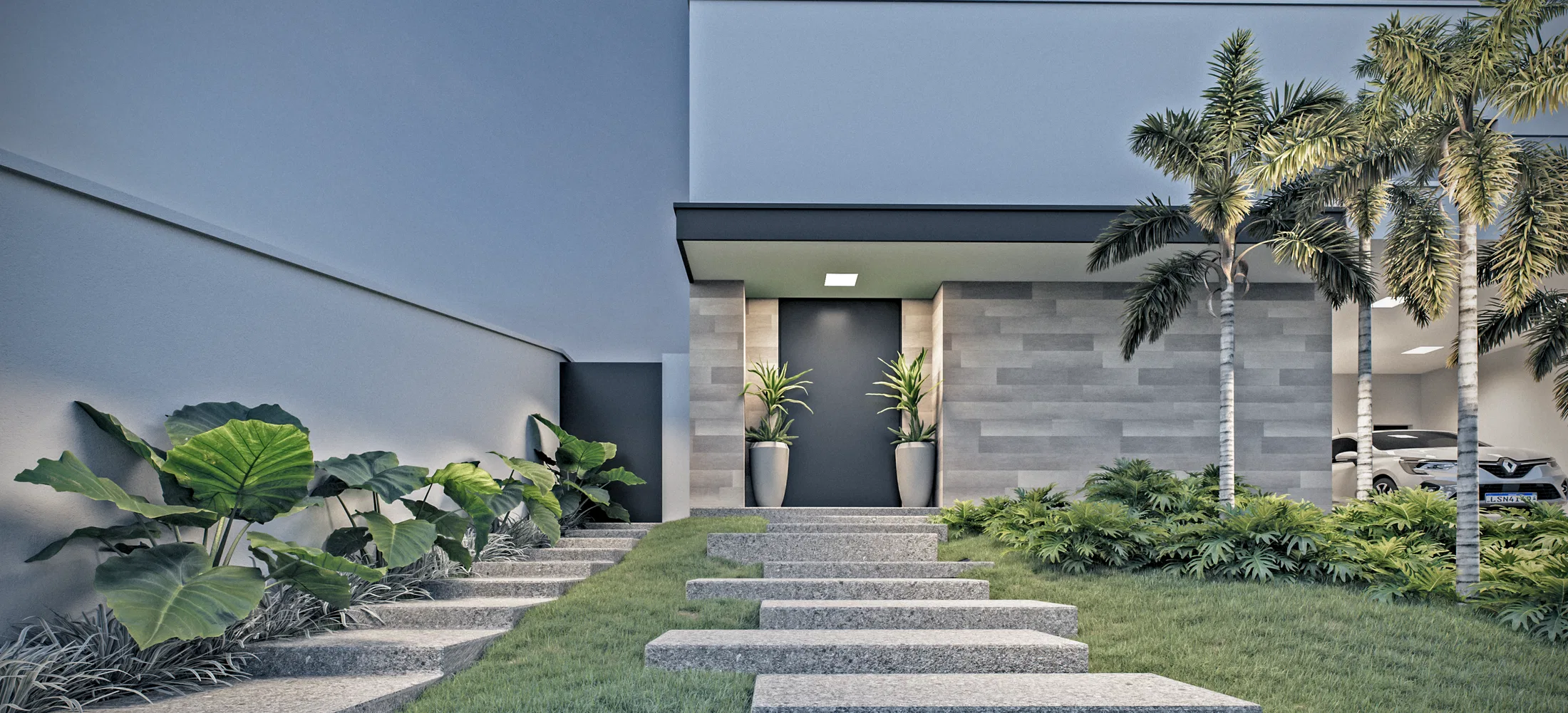 Entrance with floating granite steps leading to a dark pivot door, potted dracaenas, alocasia leaves on the left and palms on the right.