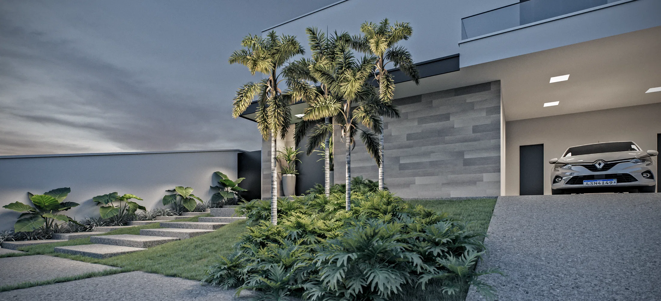 Grey facade at dusk with a cluster of royal palms, tropical foliage, a stone path in the lawn and a carport with a car on the right.