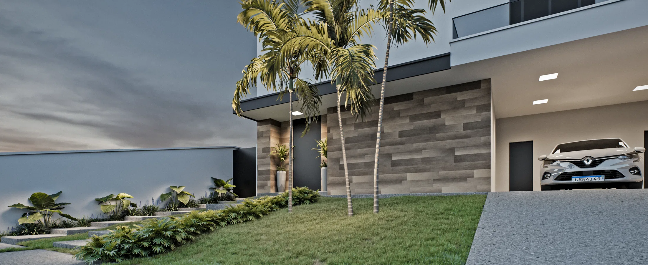 Side view with royal palms, a low foliage bed and stepping stones along the wall, beside the stone facade and the carport.