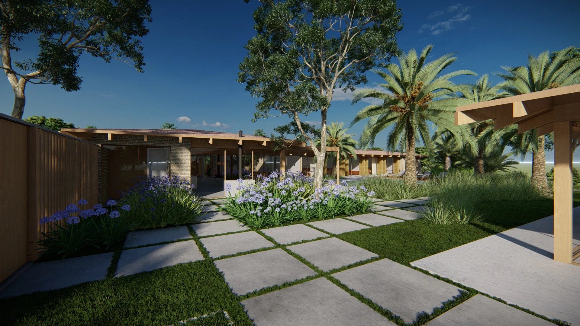 Entry garden with concrete slabs and grass joints, beds of agapanthus and the single-storey house with a wood screen behind.