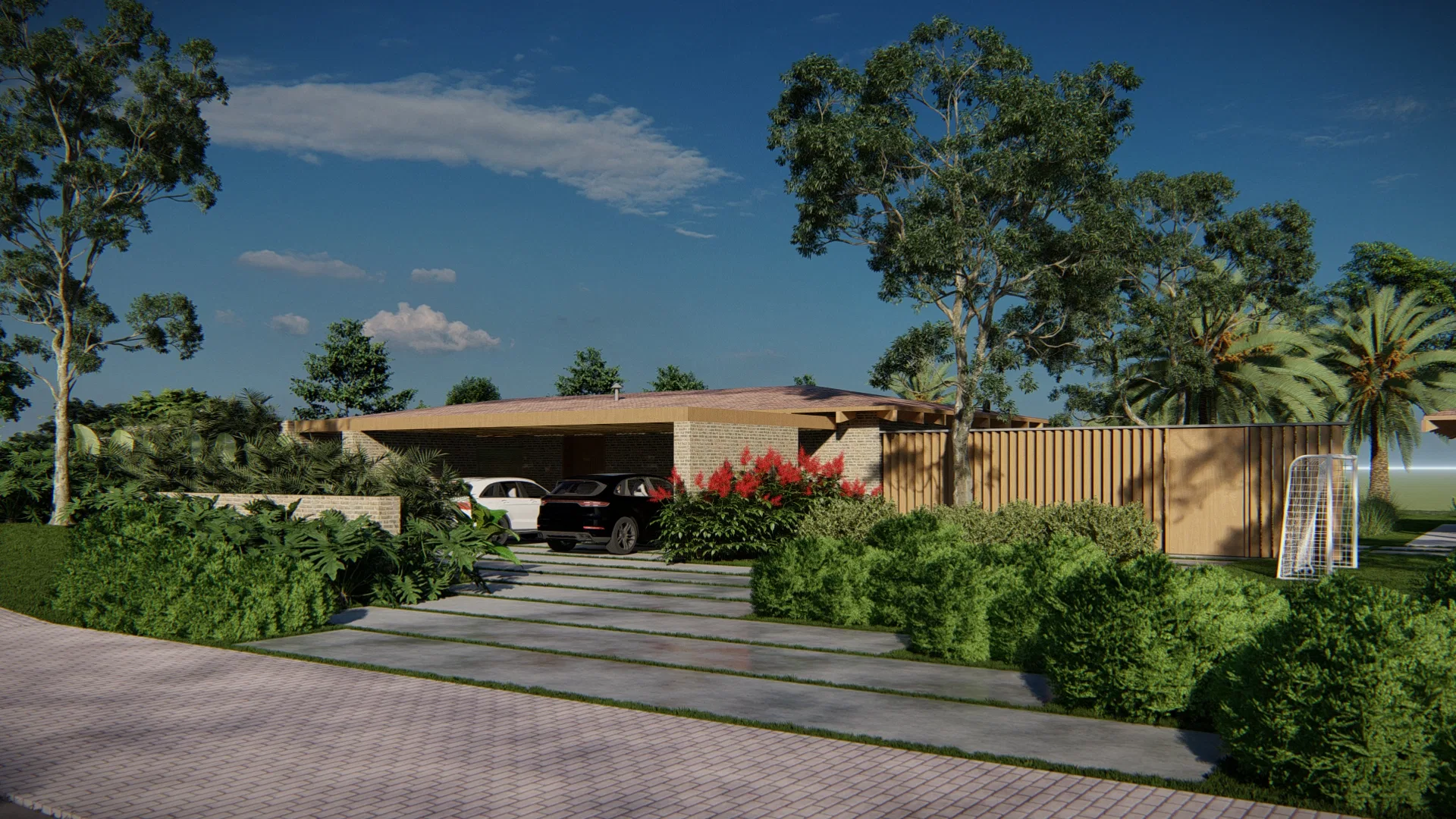 Arrival with a wide roof sheltering a car, a slatted wood wall and a stepping-stone path through shrubs, a goal on the lawn.