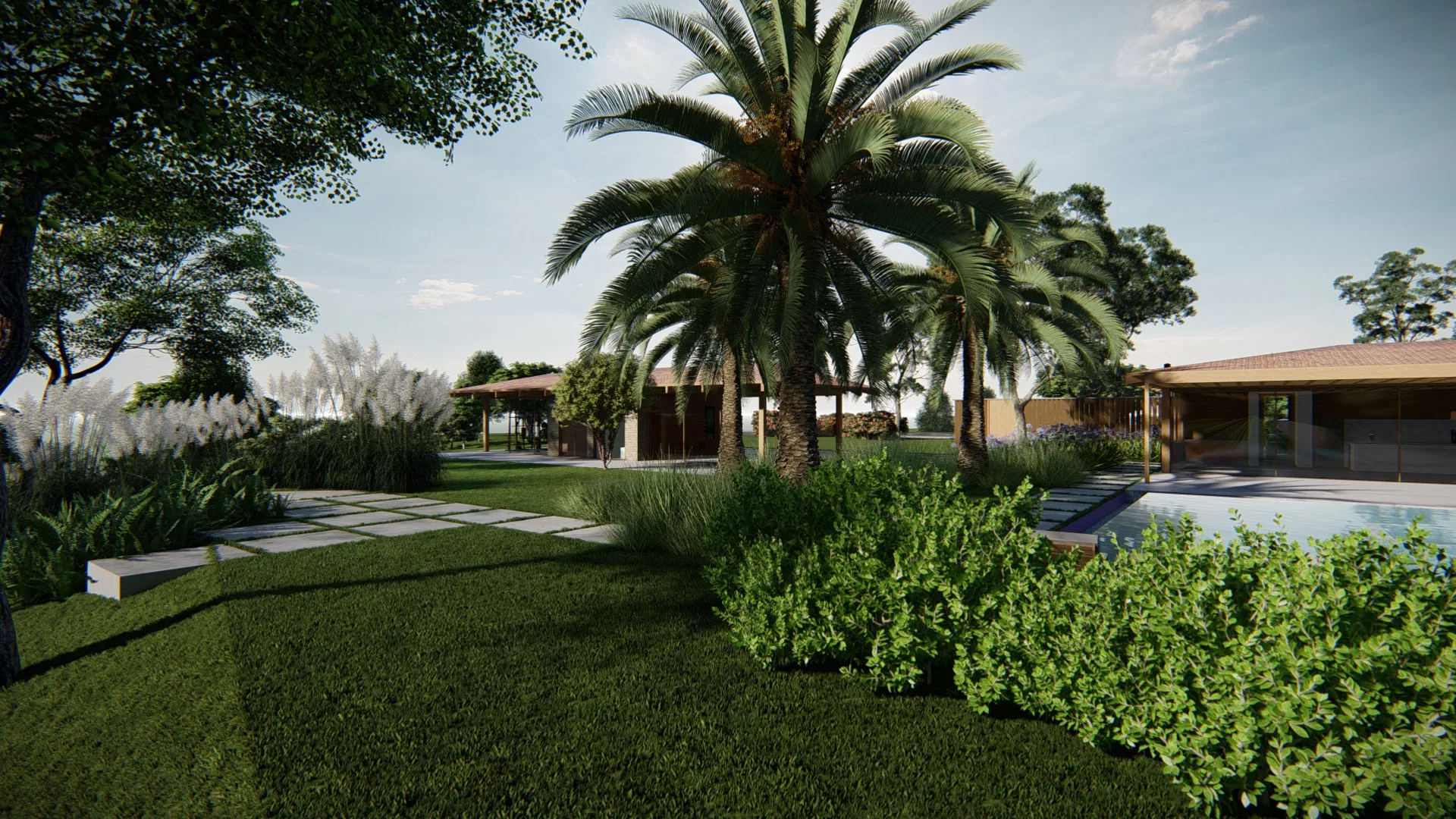 Garden with a large palm and shrub masses, a stepping-stone path over the lawn and the house with a pool behind.