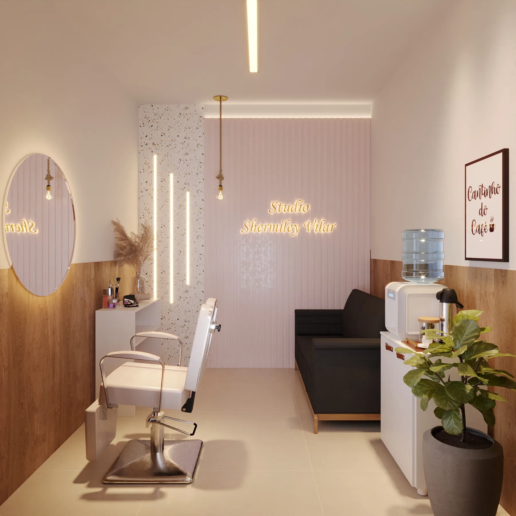 Service room with a salon chair, a round backlit mirror, a ribbed pink panel and a black sofa in the background