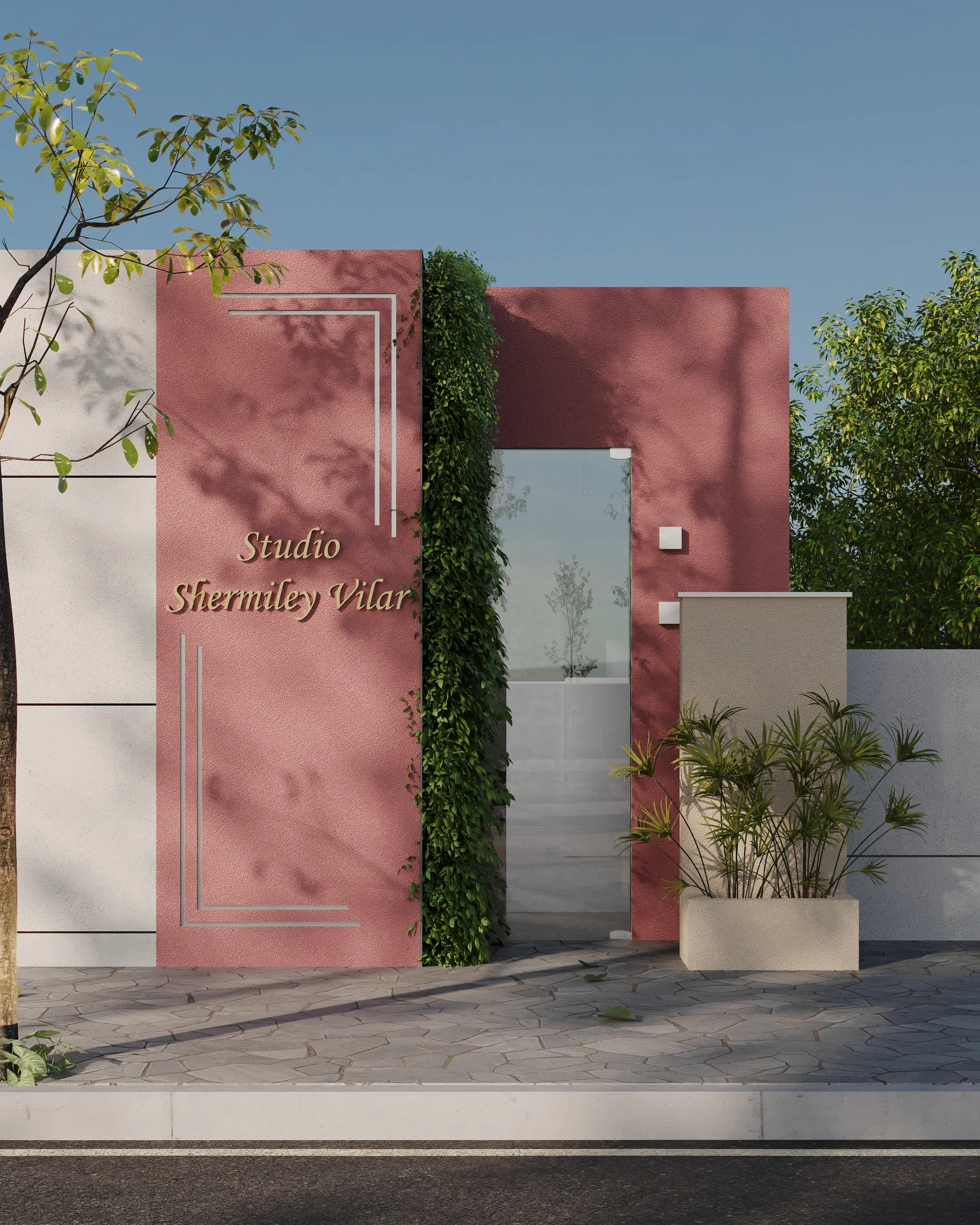Front view of the terracotta façade with a vertical garden, a white side panel and planters at the entrance