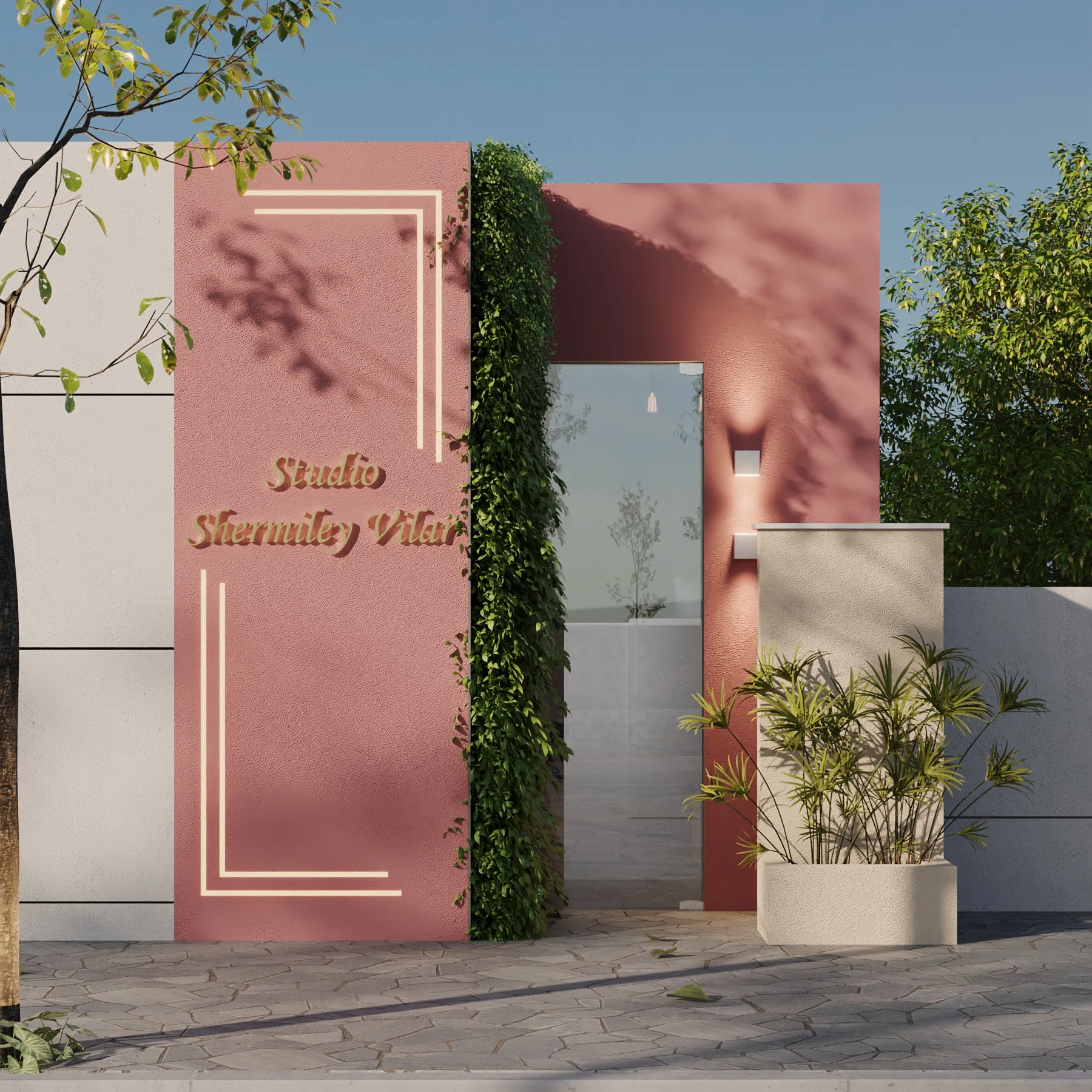 Terracotta façade with the studio's name in gold relief, a vertical garden and plants framing the glass entrance