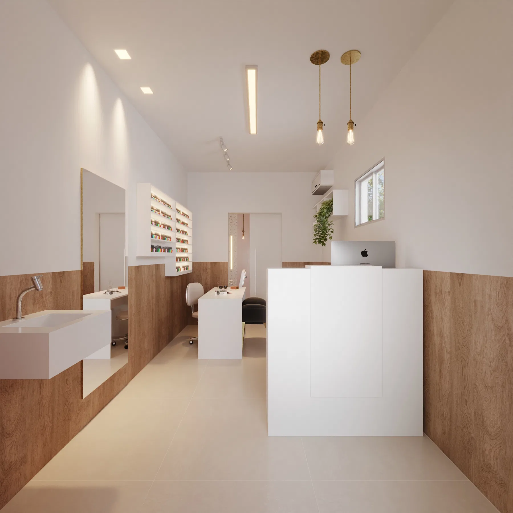 Interior corridor with a nail-polish display on white shelving, a manicure table and a reception desk with a computer in the background
