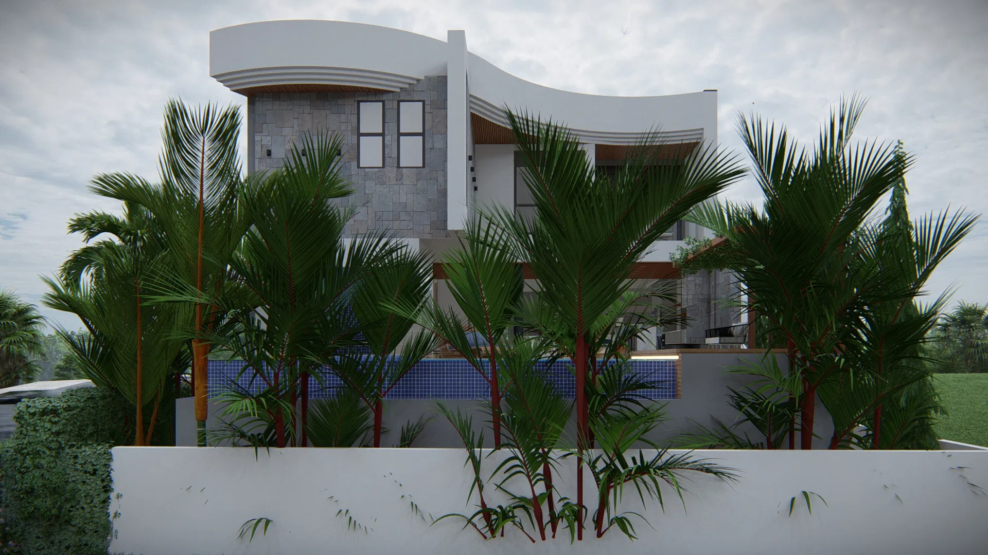 Side elevation seen through multi-trunk palms over a white wall, with a blue pool and curved architecture behind