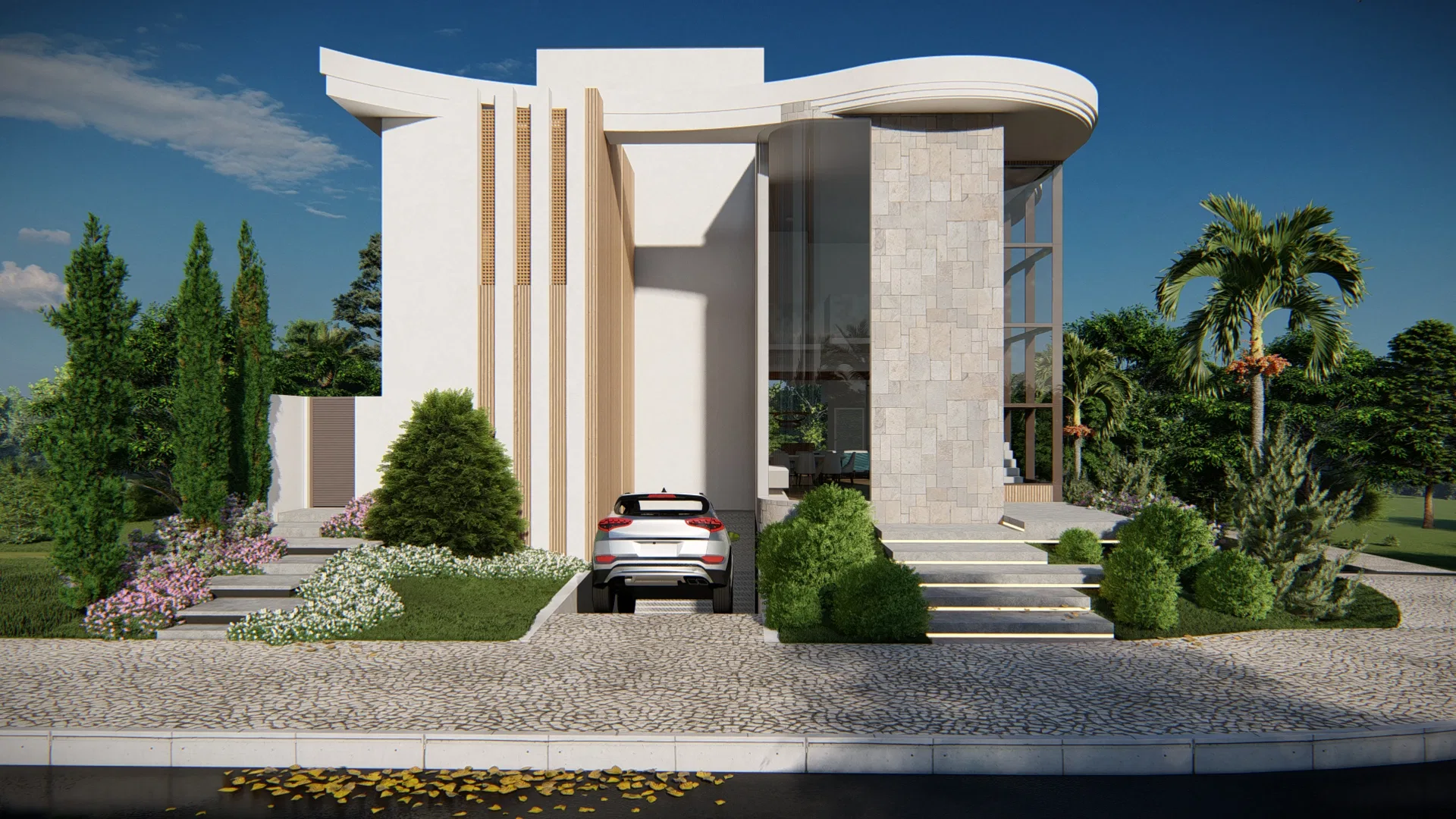 Front facade of curved white volumes with timber details, a garage with a vehicle, side conifers and flowering beds over pebble paving