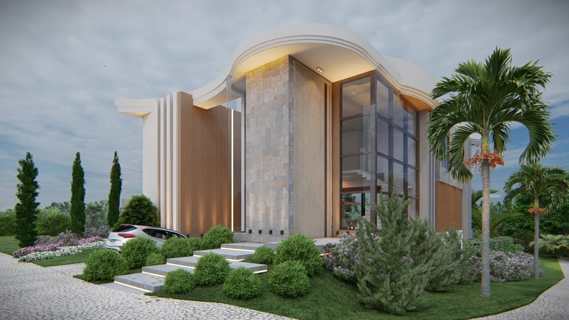 Contemporary curved-line residence with a timber brise and stone cladding, an access stair between planted beds and a palm at dusk