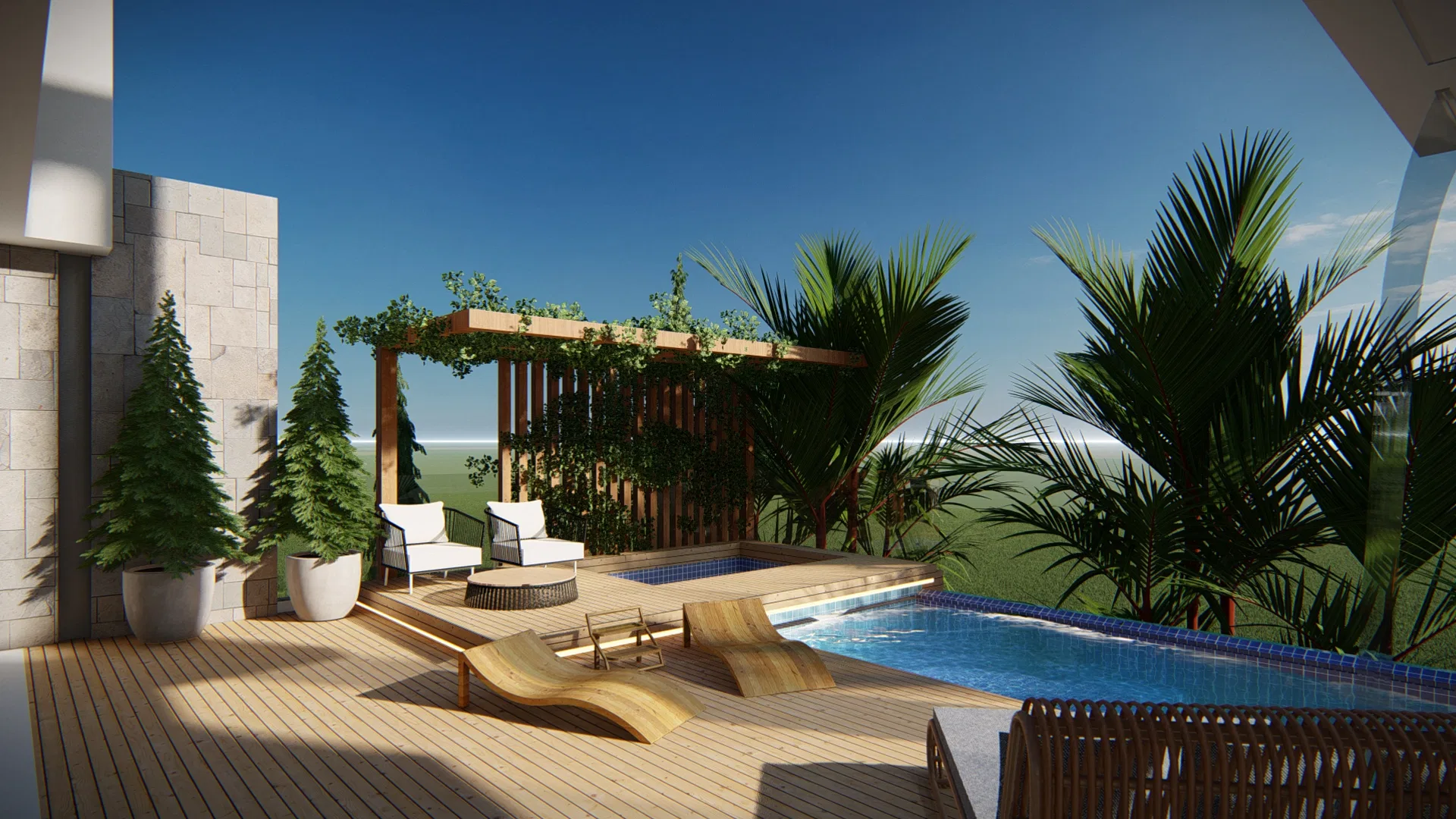 Timber pool deck with a planted pergola, armchairs and loungers, potted conifers and an open view toward the horizon