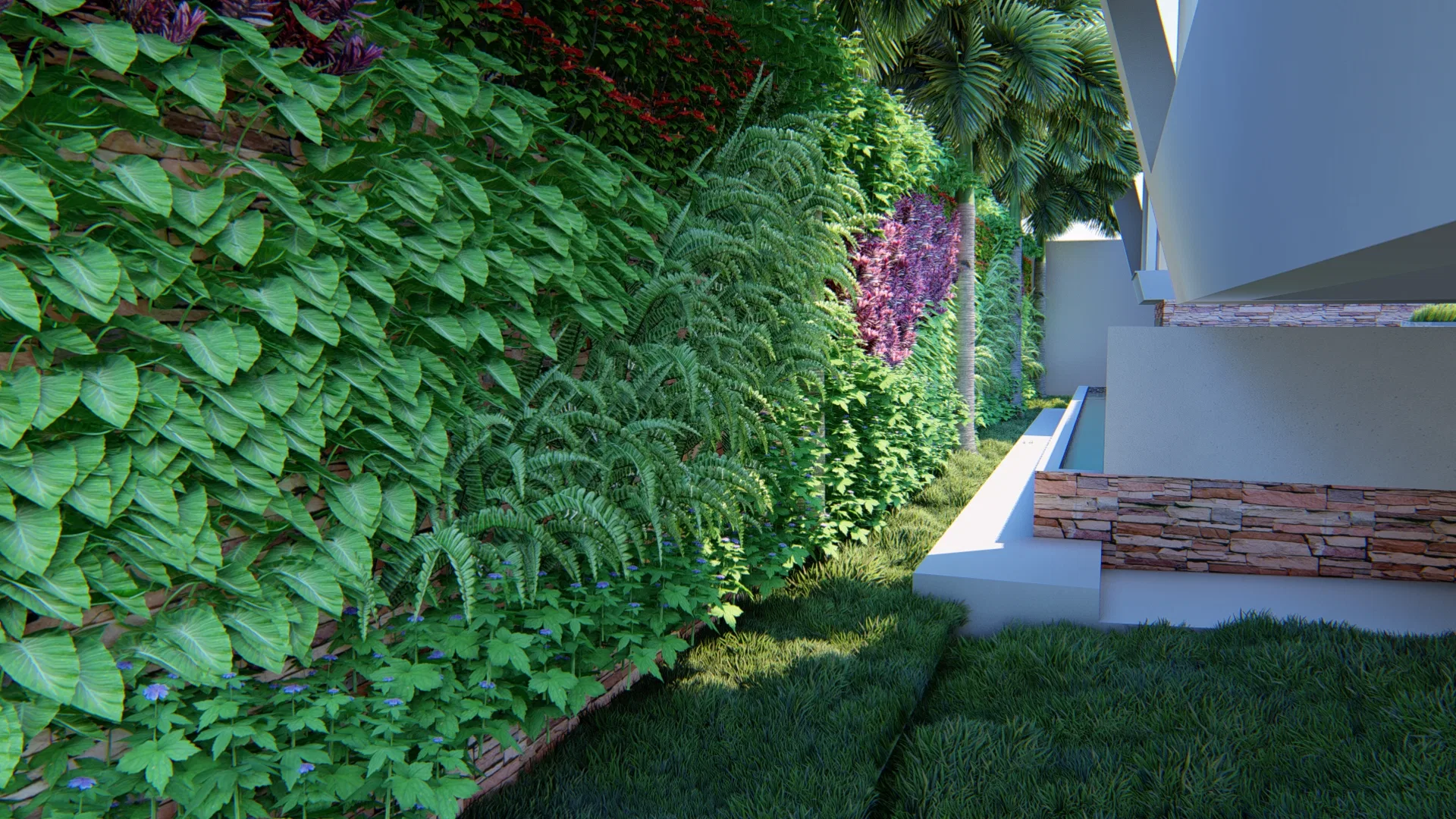 Jardim vertical externo com diversas espécies de plantas, criando um painel verde na parede da residência. — GRON 3D