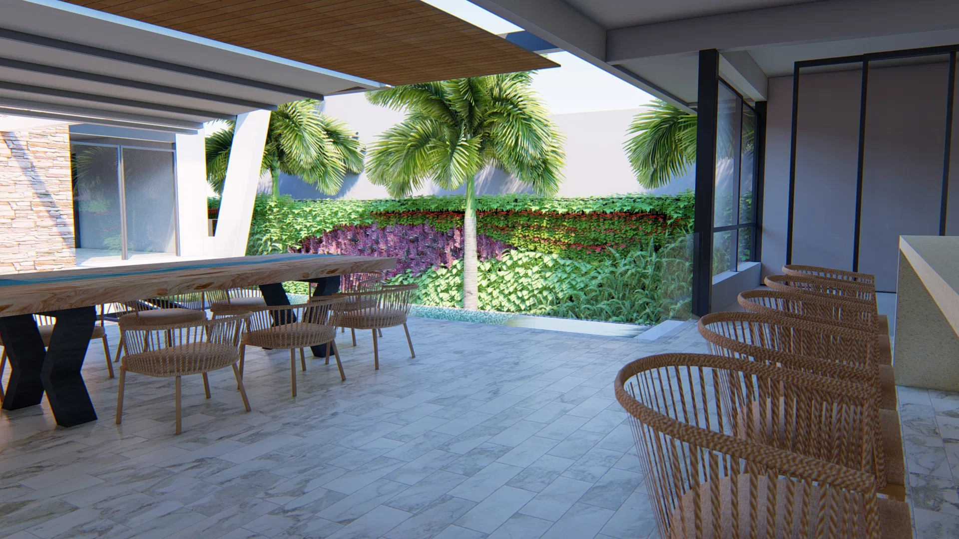 Detalhe da varanda gourmet com bancada, churrasqueira e área de refeições, com vegetação ao fundo. — GRON 3D