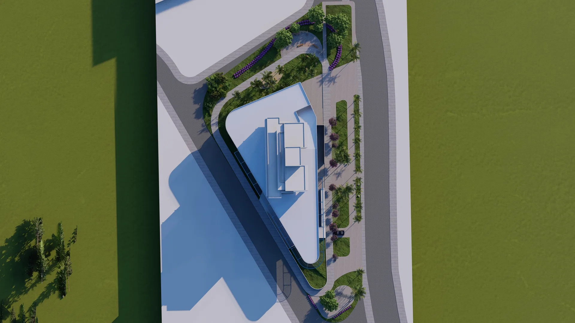 Aerial view of the triangular plot, revealing curved paths, planting beds and tree masses arranged around the white building.