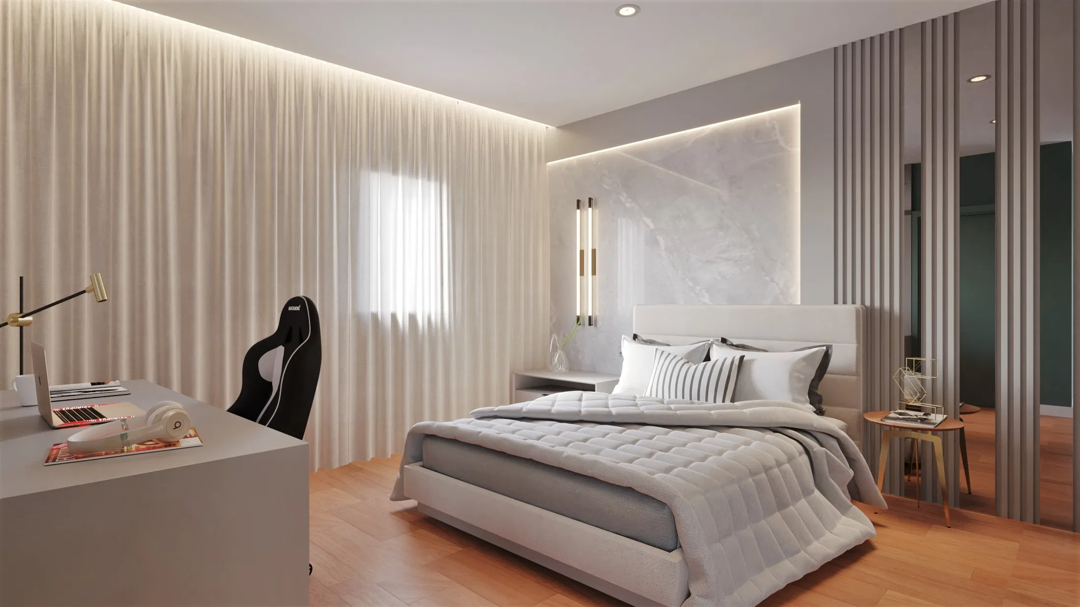 Bedroom with long sheer curtains, a backlit marble headboard and a wood side table