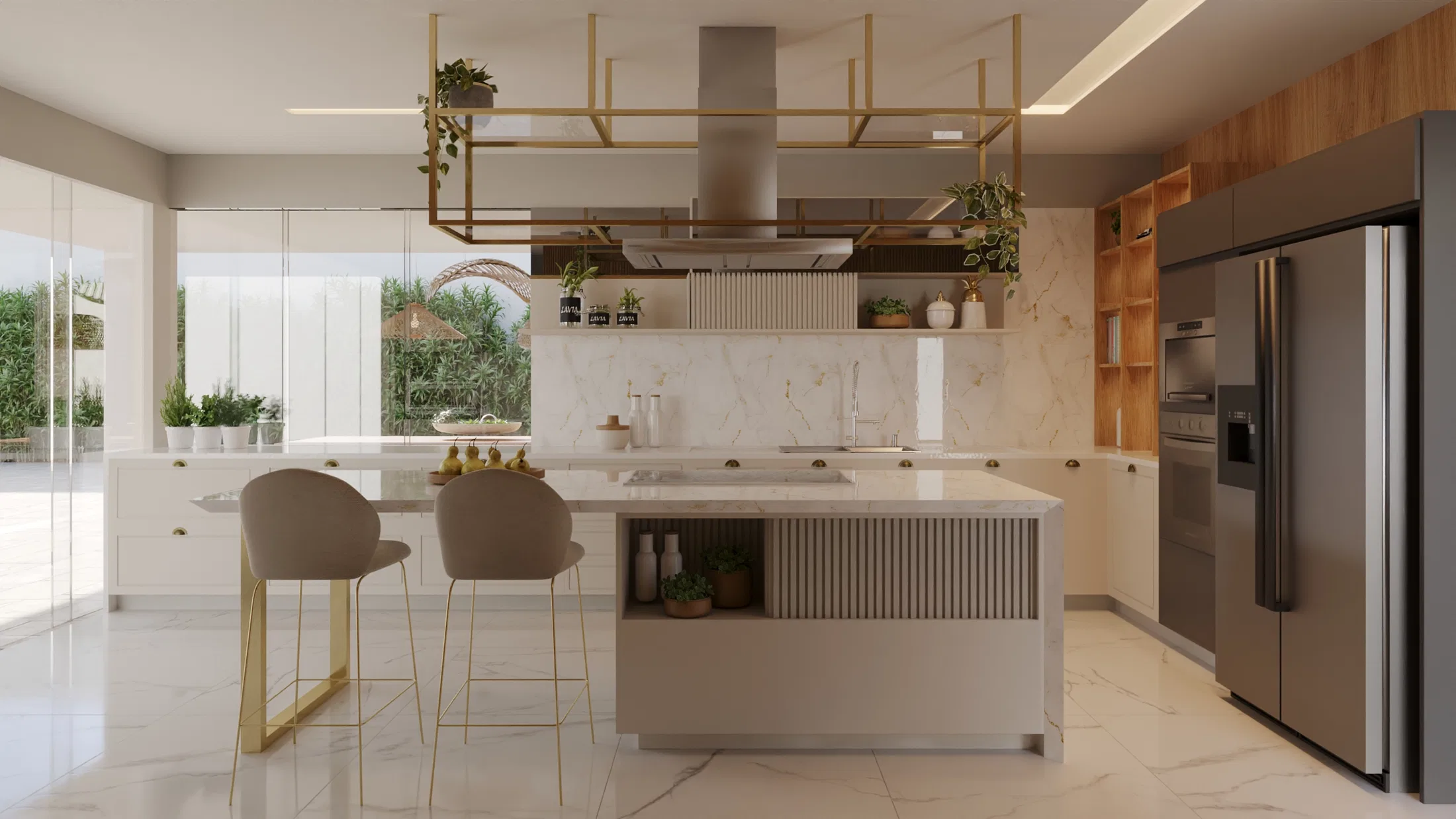 Gourmet kitchen with a marble island, a suspended gold-framed hood and high stools along the counter