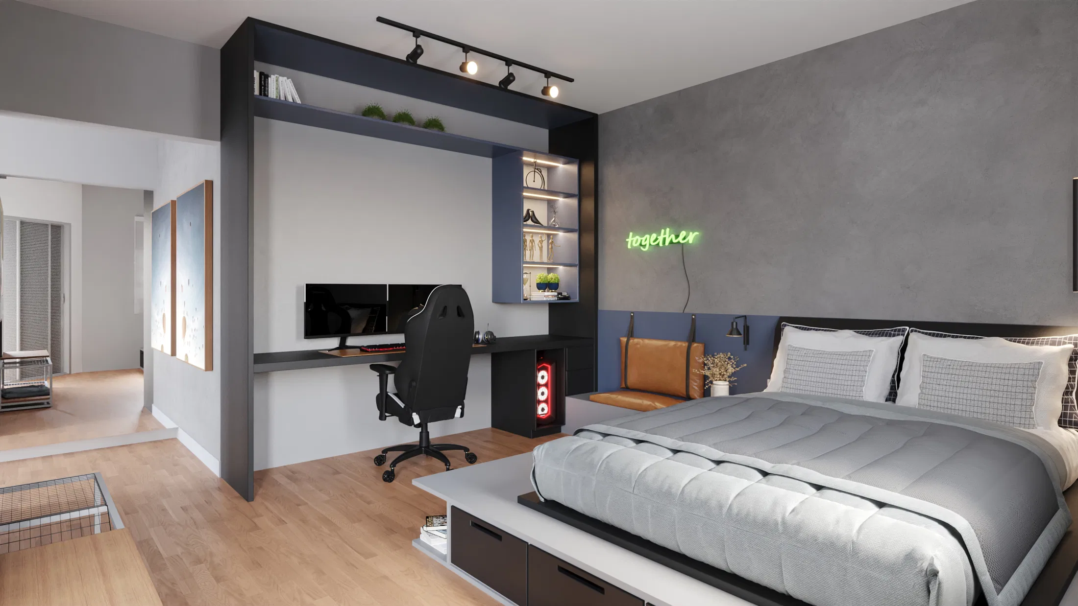 Bedroom with a study desk, a gaming chair, a neon 'together' sign and a caramel leather headboard