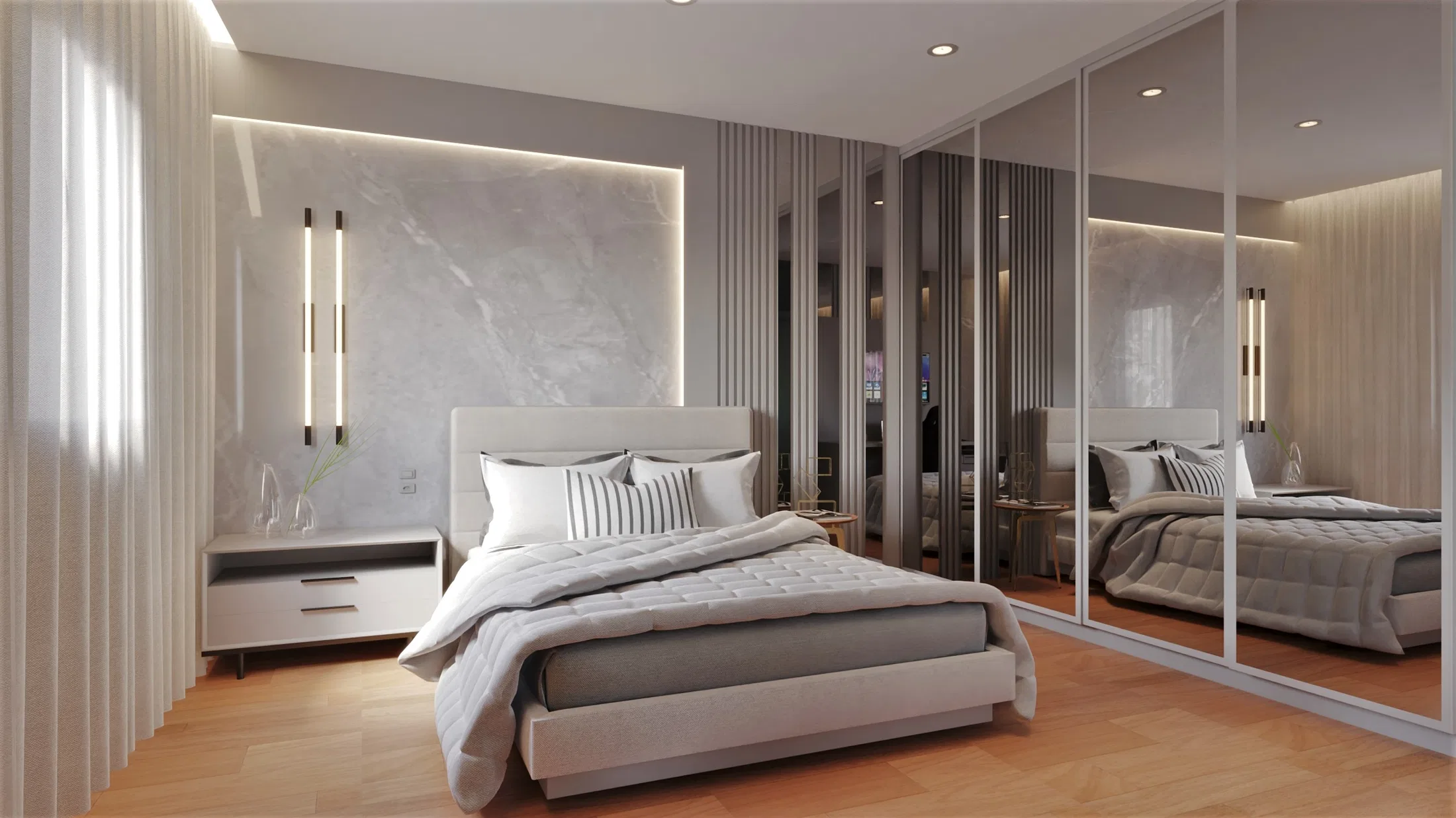 Bedroom suite with an upholstered headboard, a backlit marble wall and a mirrored wardrobe reflecting the room