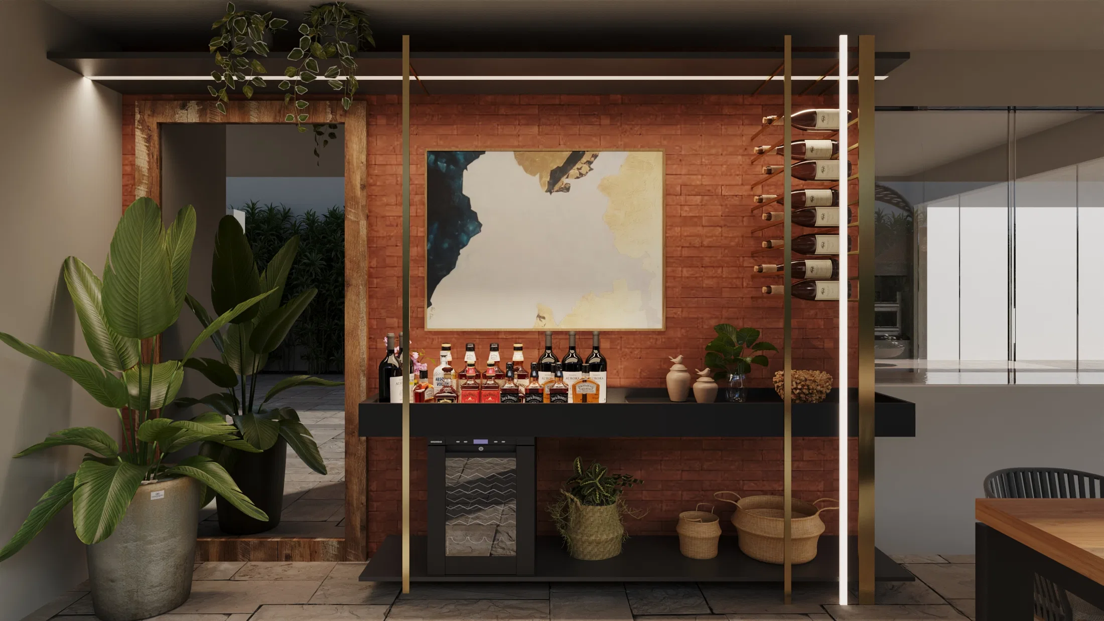 Bar nook with an exposed brick wall, a wine cooler, displayed bottles and potted plants
