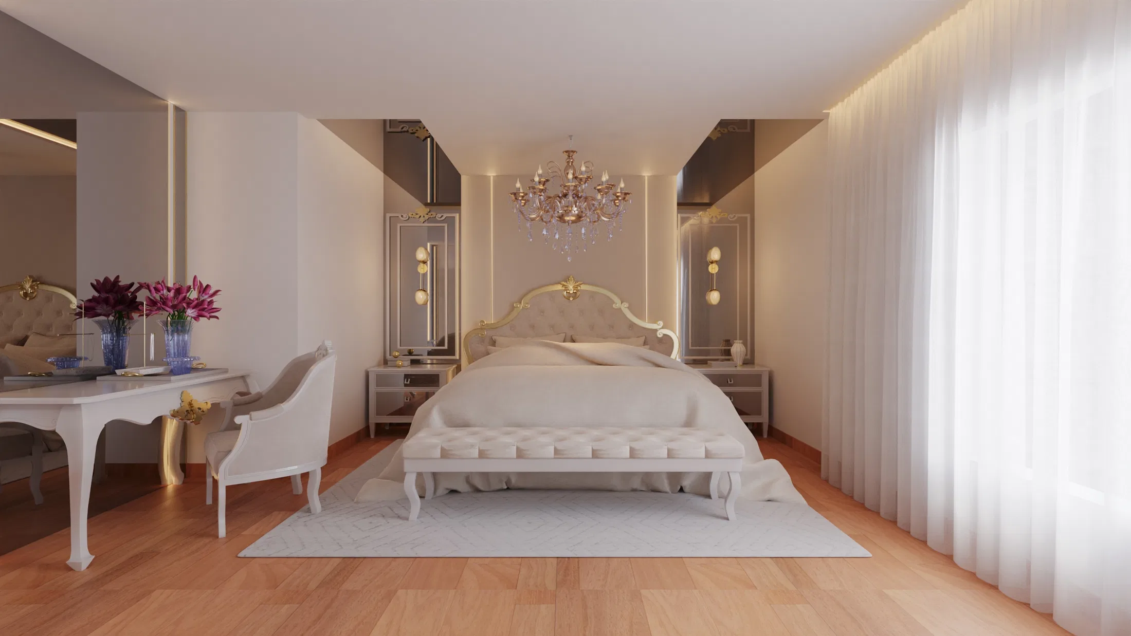 Suite with a gold-tufted headboard, a crystal chandelier and mirrored nightstands with a flower arrangement