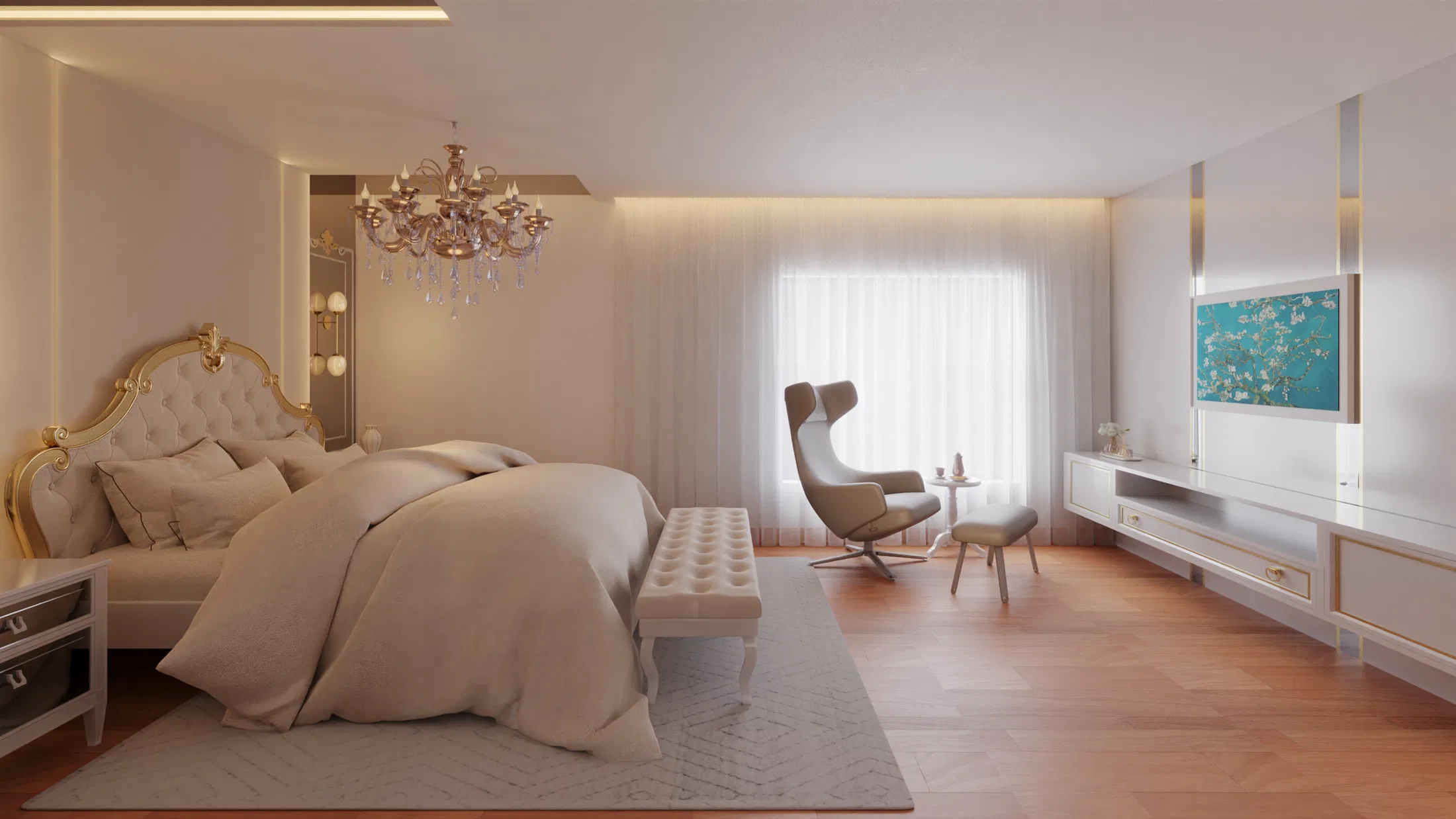 Suite with a crystal chandelier, a recliner armchair and a TV panel with a framed artwork behind it