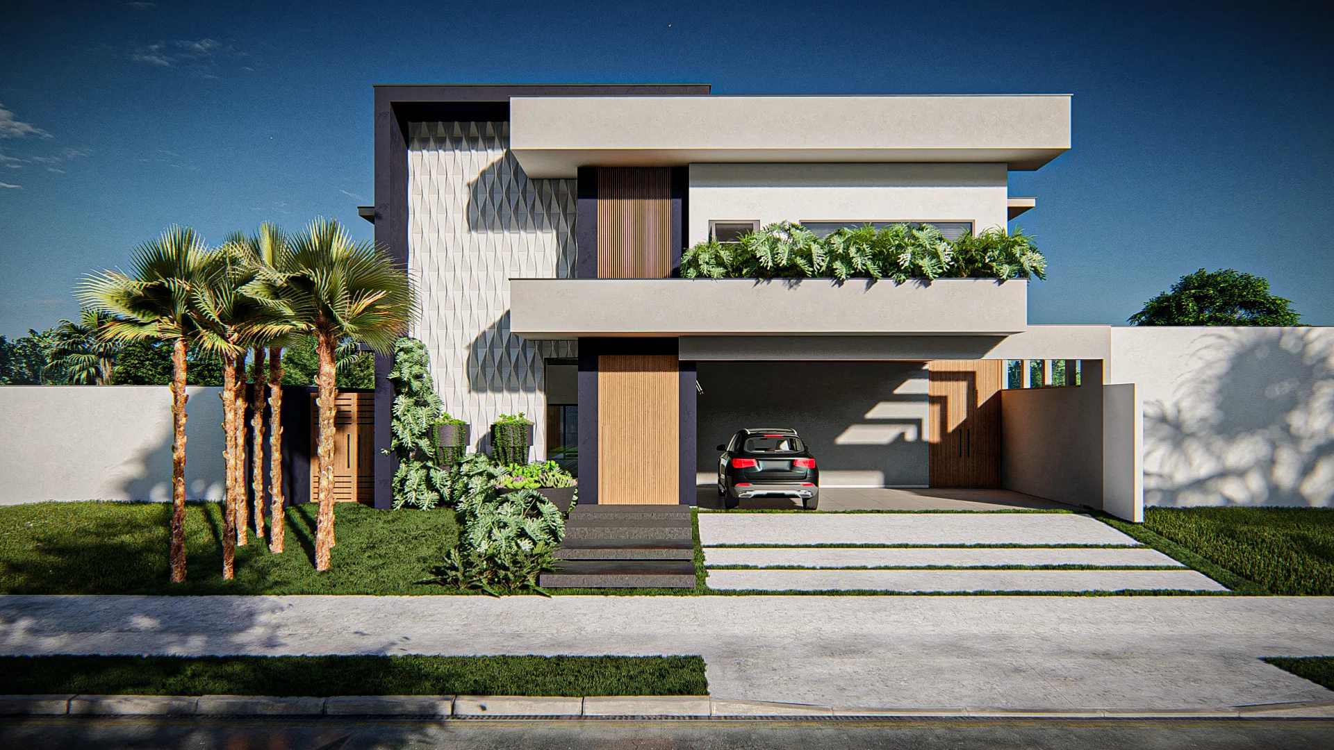 Architectural visualization of Residential Landscaping with Palms and Pool Area at Dusk — GRON 3D