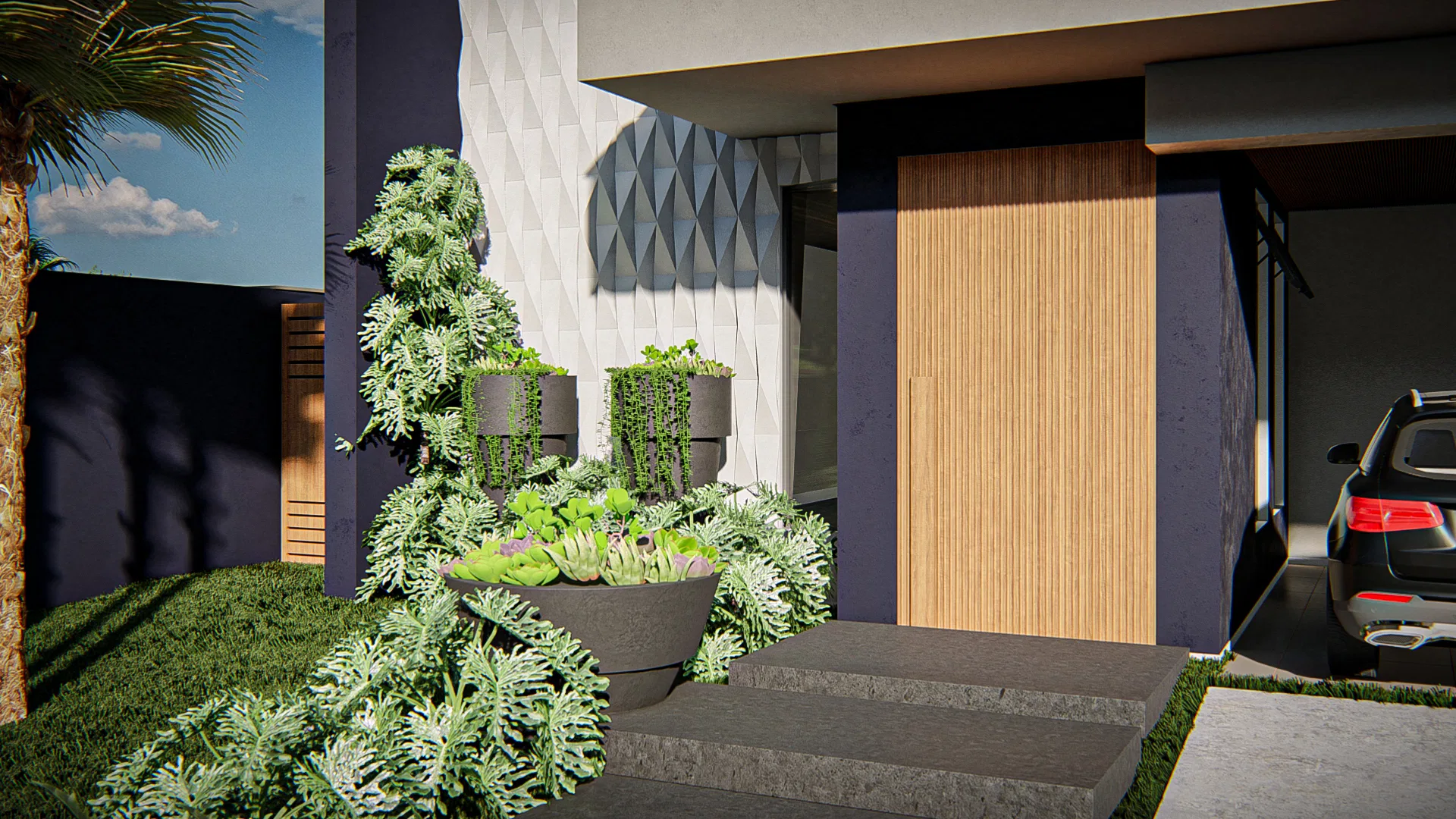 Architectural visualization of Residential Landscaping with Palms and Pool Area at Dusk — GRON 3D